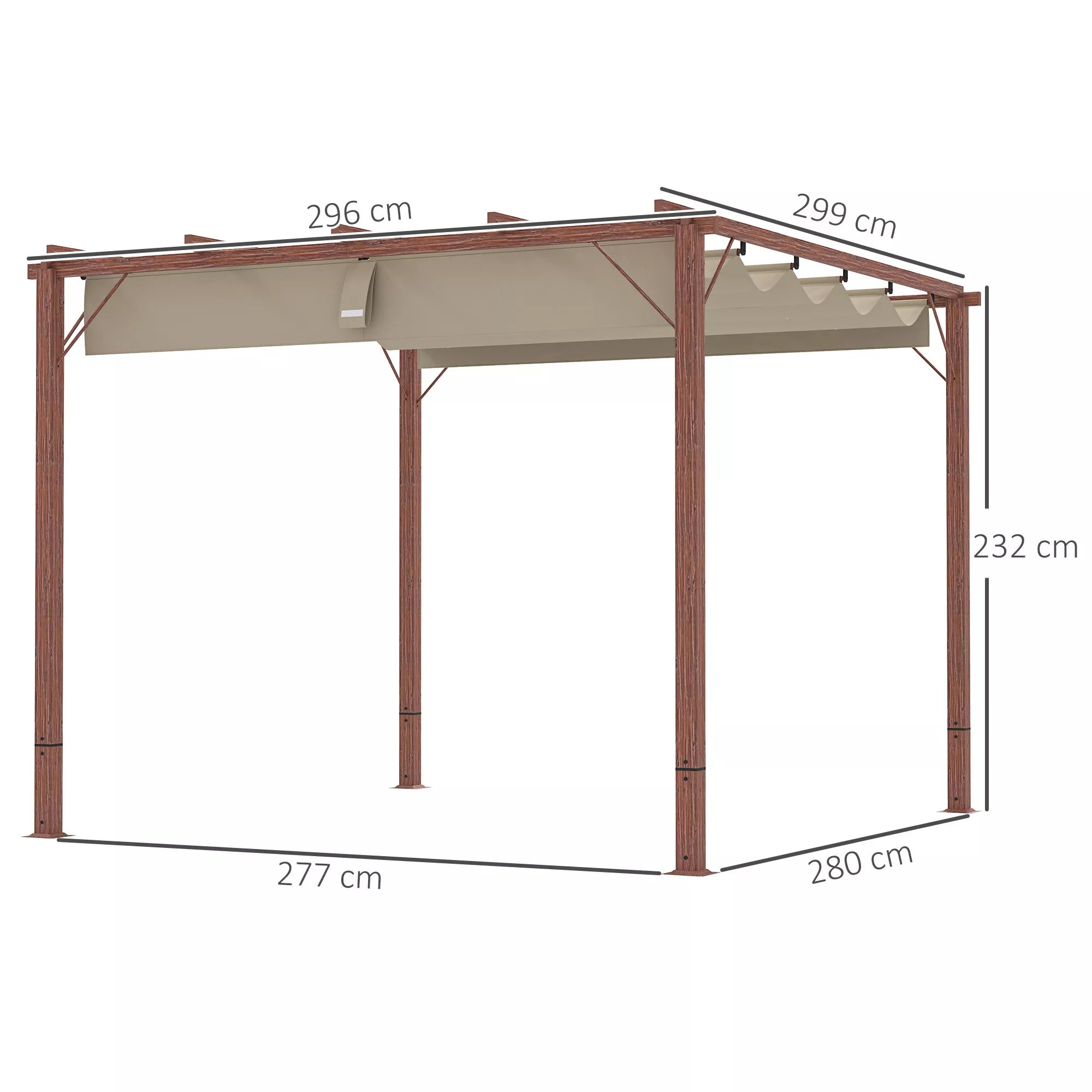3 x 3 m sodo pergola, reguliuojamas terasos stogas, aliuminio rėmas, UPF30+ apsauga nuo saulės, natūralus medis