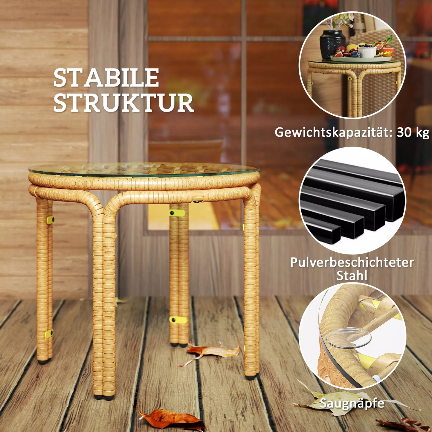 Geltonas poliratano pastatomas staliukas, apvalus kavos staliukas su stikliniu stalviršiu, naktinis staliukas, Ø50 cm