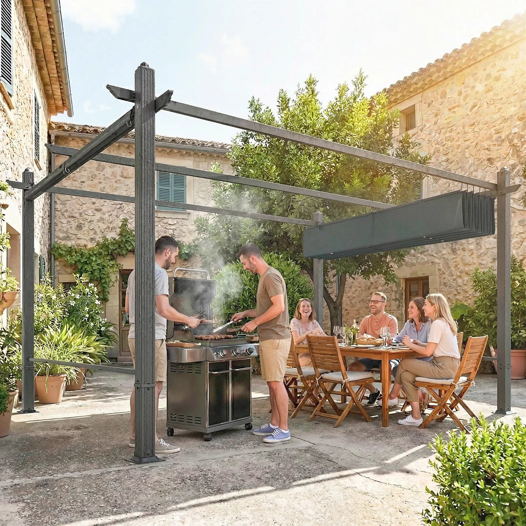 Terasos pergola su ištraukiamu stogu – 392 × 297 × 225 cm, tamsiai pilka