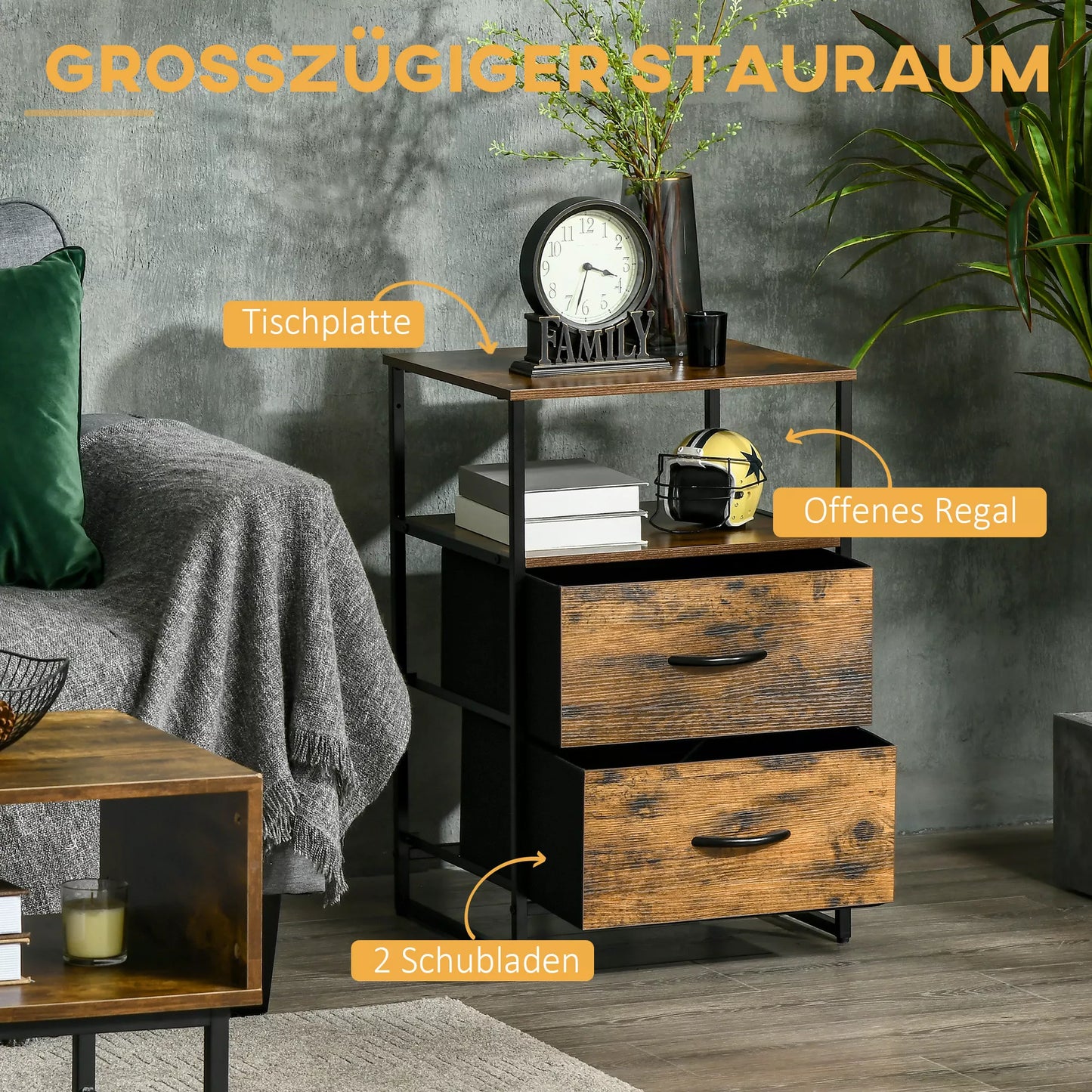 Svetainės spintelė, pagalbinė spintelė, medžiaginiai stalčiai, MDF, plieno rėmas, rudos spalvos