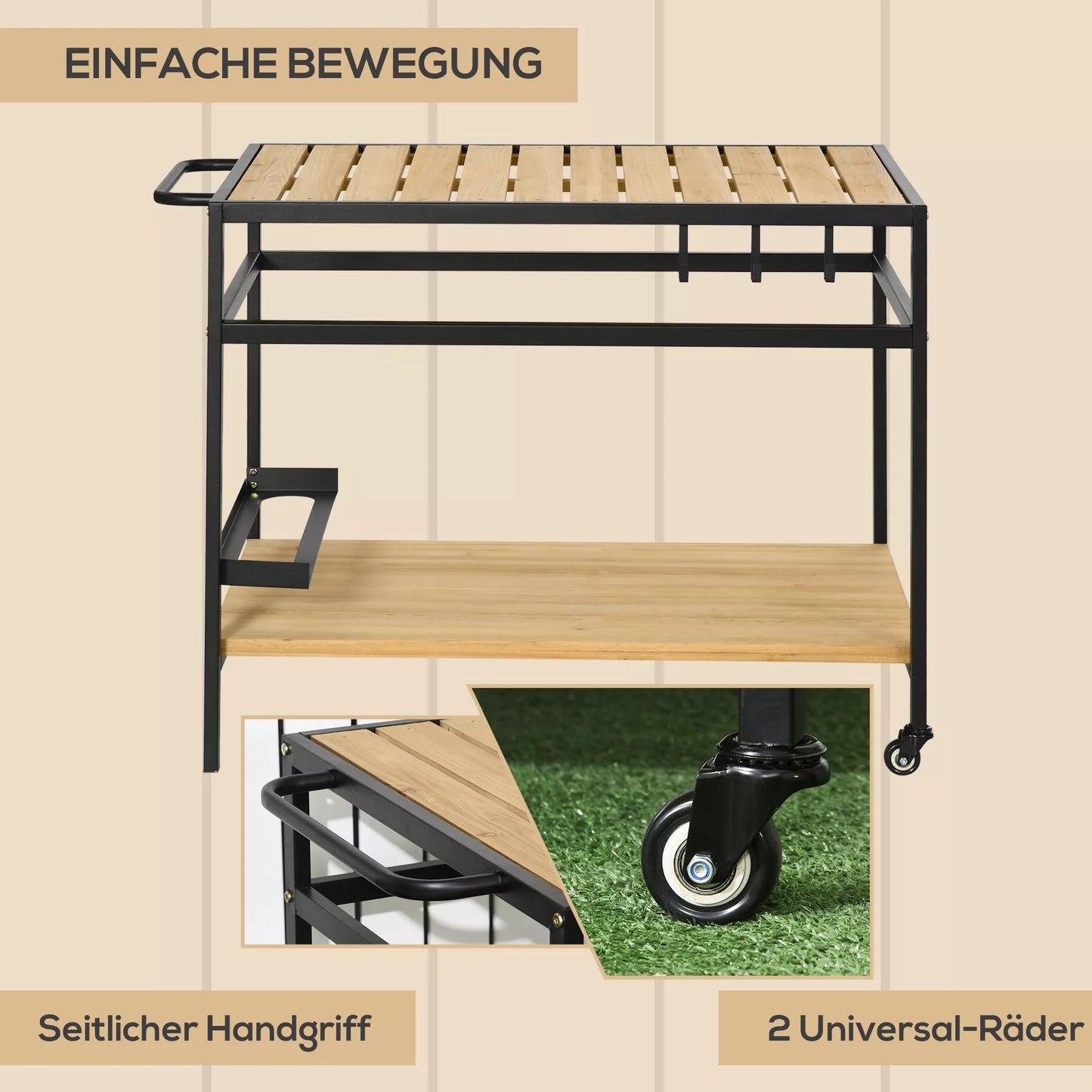 Pramoninio dizaino serviravimo vežimėlis, atsparus atmosferos poveikiui, 3 kabliai, 1 lentyna, 107 cm x 65 cm x 80 cm, juodas + natūralus