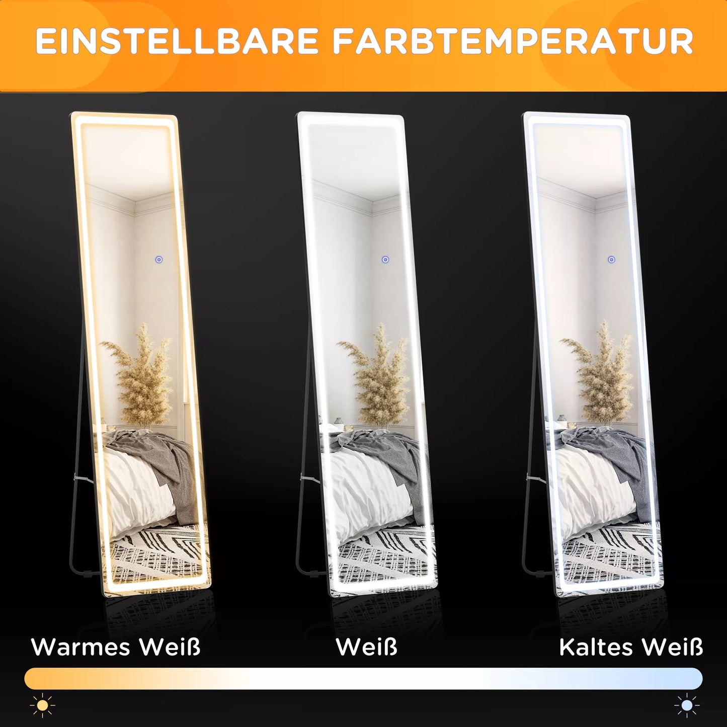 2-in-1 pastatomas veidrodis su LED apšvietimu, laisvai statomas, aliuminio, reguliuojamas apšvietimas, 40 cm x 37 cm x 157,5 cm