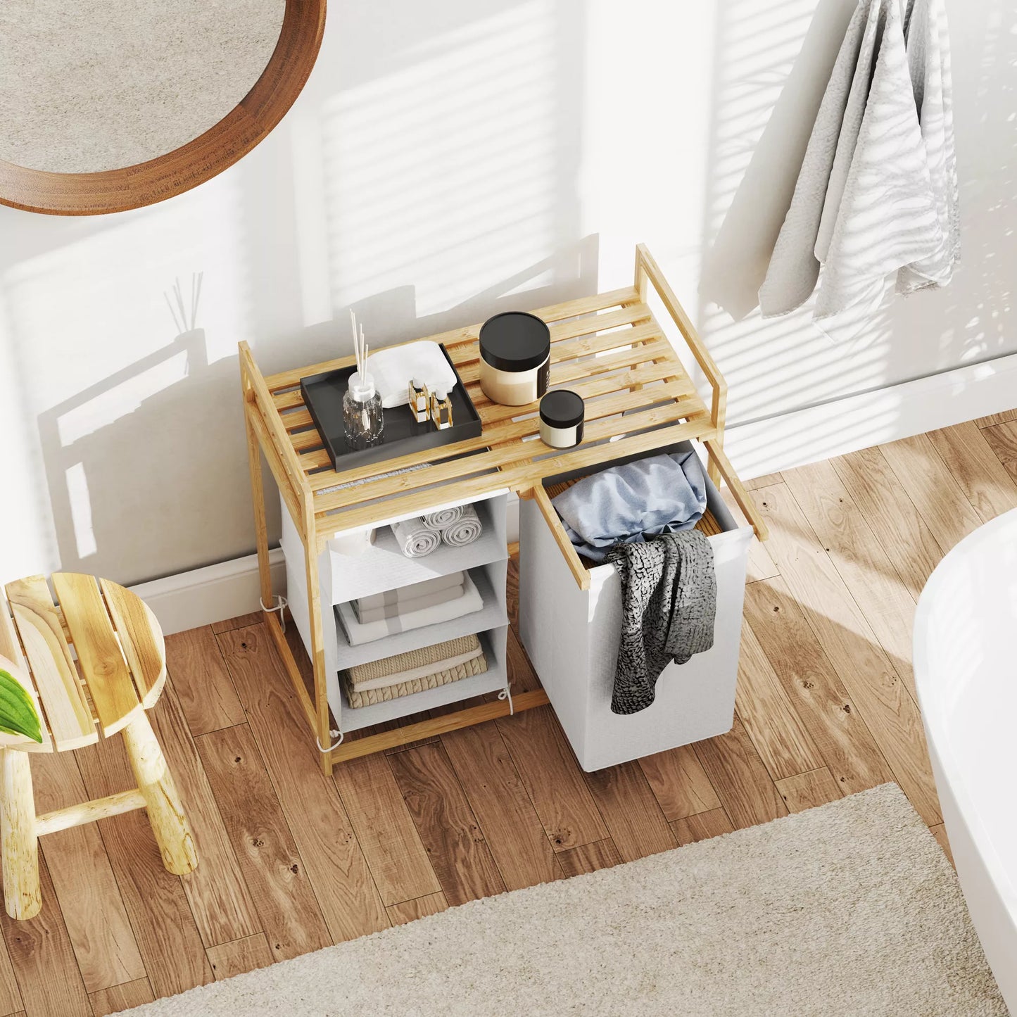 Skalbinių krepšys su skalbinių maišu, audinio stalčius, bambukas, 70x36x70 cm, Balta/mediena