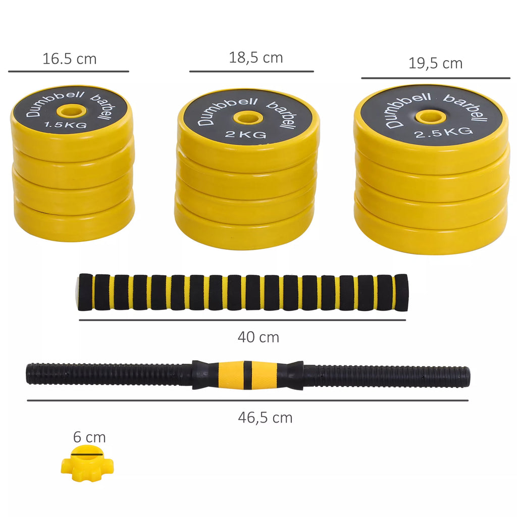 Hantelių ir štangos rinkinys, 25 kg, 3-in-1, geltonas ir juodas