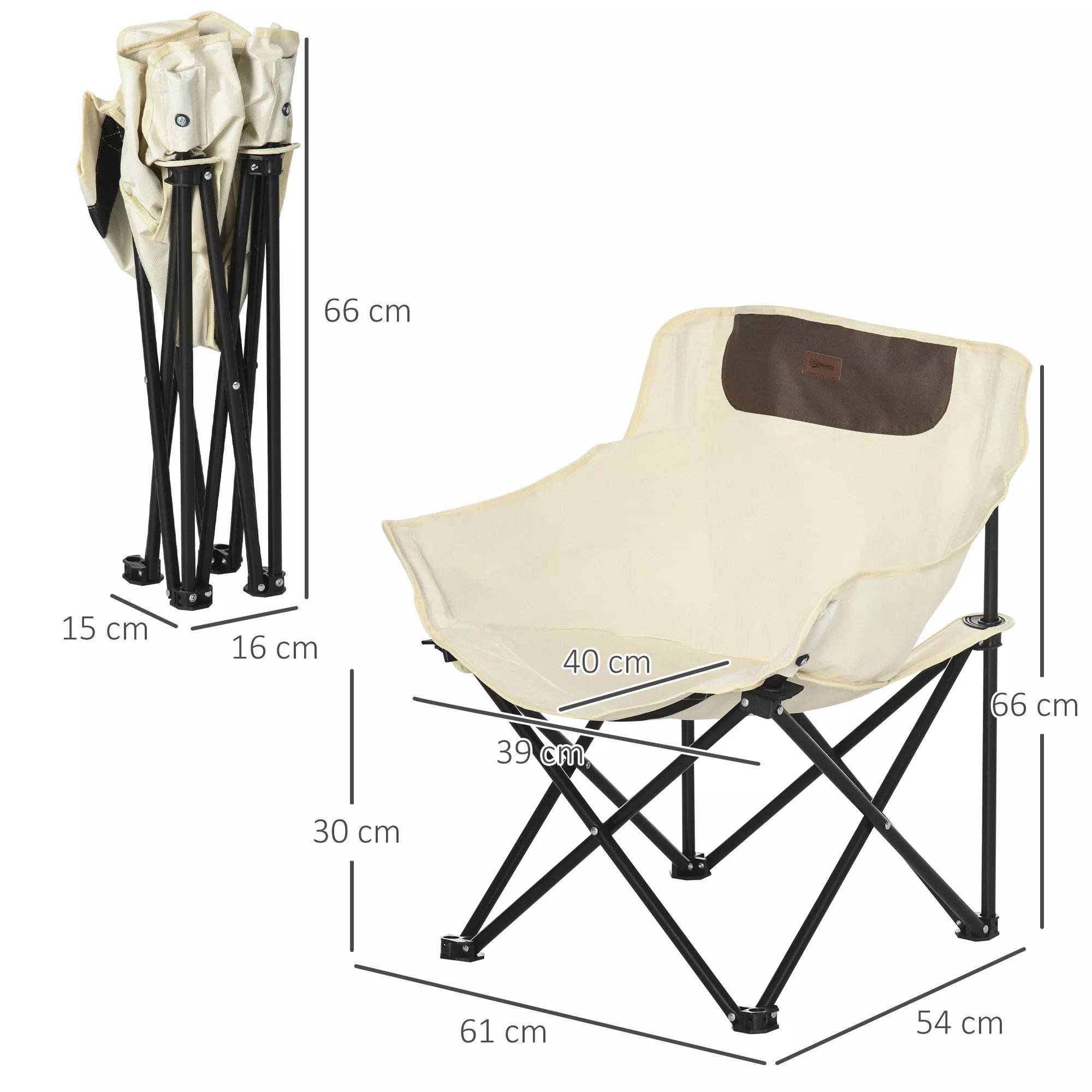 Balta sulankstoma kempingo kėdė su schema 66, 61 ir 54 cm