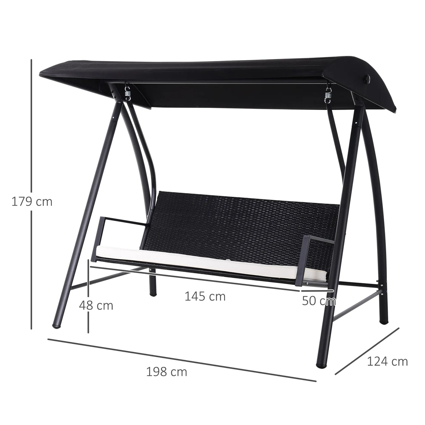 Lauko, sodo sūpynės 3 vietos iš polirattanų Sodo sūpynės su reguliuojamu saulės stogu Saulės apsauga Sėdimoji pagalvėlė Pakabinama suolelė, atlaikanti iki 360 kg Pakabinamos sūpynės sodui 198x124x179 cm Juodos spalvos