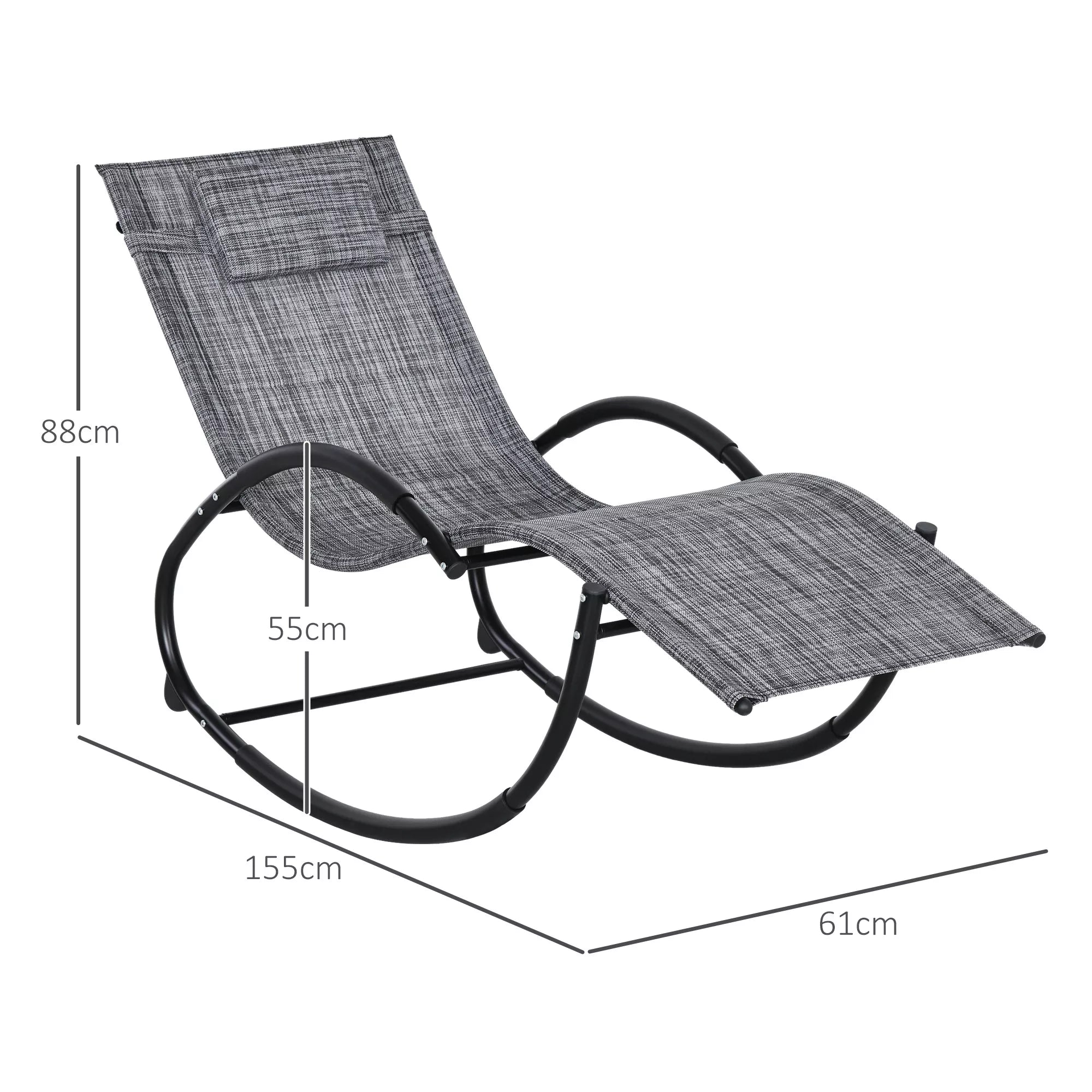 Gulto matmenų schema: aukštis 88 cm, ilgis 155 cm, plotis 61 cm, atlošo aukštis 55 cm