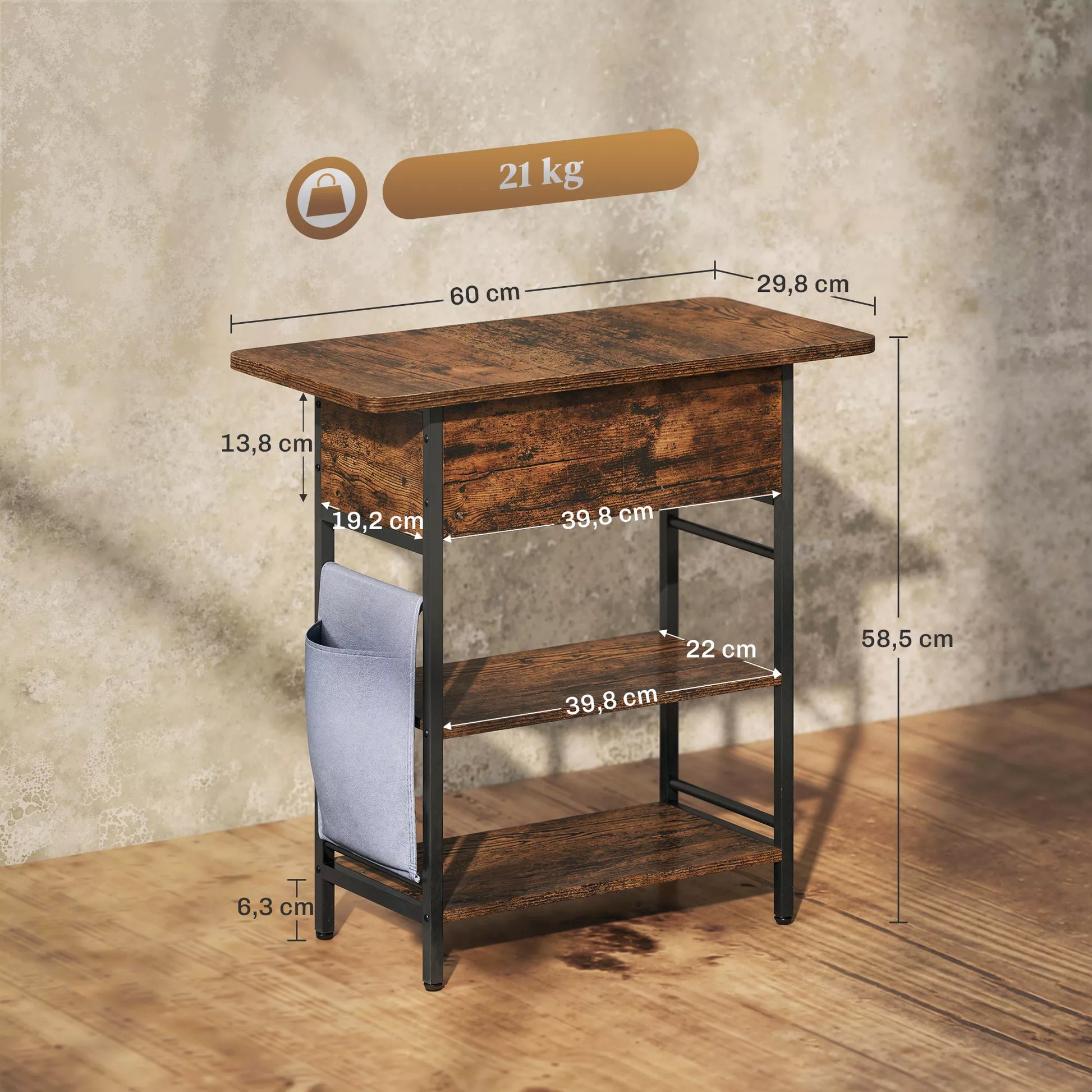 Pagalbinis staliukas Naktinis staliukas su kištukine lizda, 2 lygiais, USB jungtimis Laikymo erdvė 60 x 29,8 x 58,5 cm Rustikalus Ruda