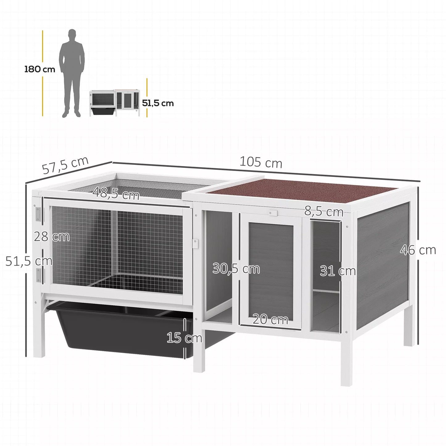 Hasenstall Medinis triušių narvas su laisvo judėjimo aptvaru, rampa, 3 įėjimais, ištraukiamu dubeniu, 105 x 57,5 x 51,5 cm Pilkos spalvos