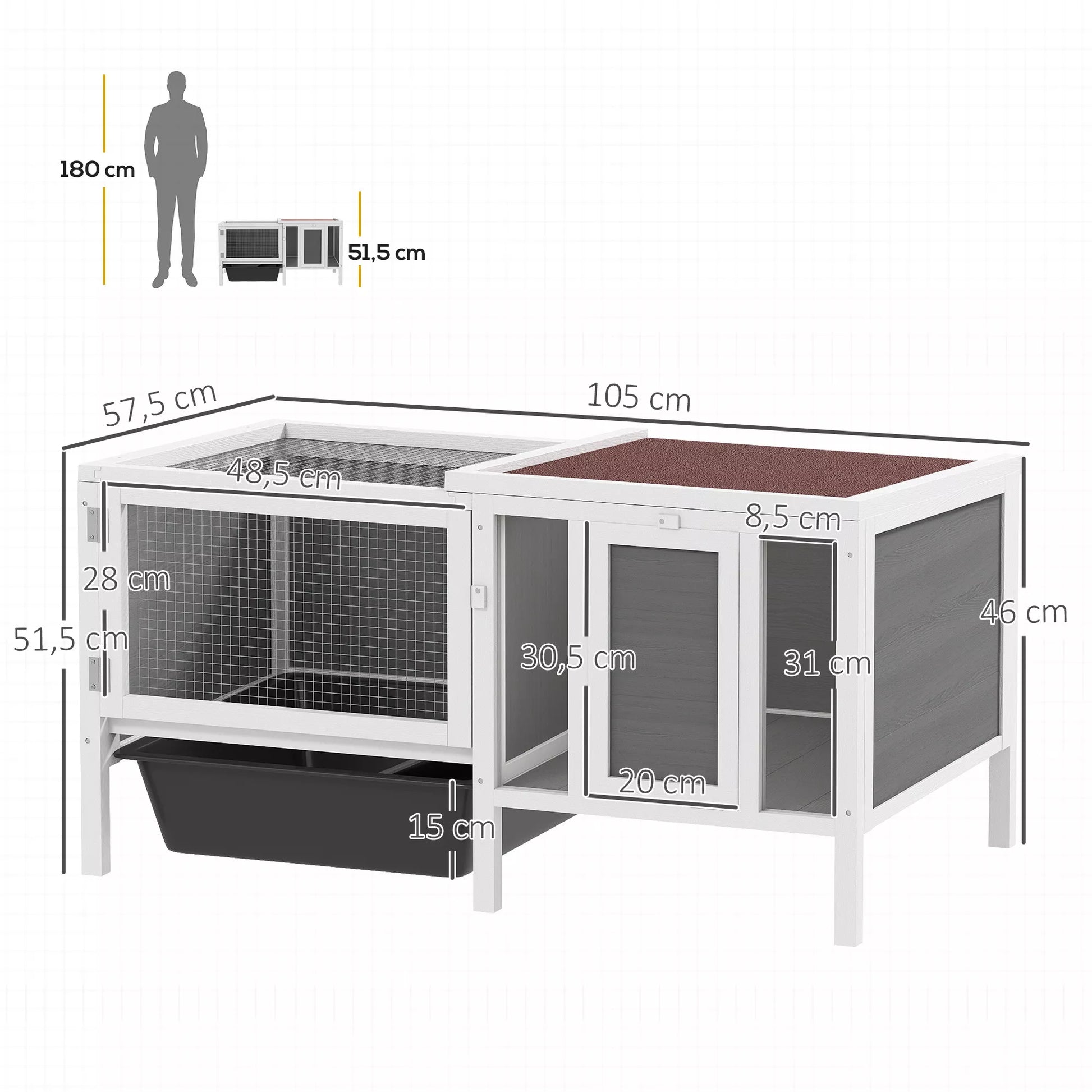 Hasenstall Medinis triušių narvas su laisvo judėjimo aptvaru, rampa, 3 įėjimais, ištraukiamu dubeniu, 105 x 57,5 x 51,5 cm Pilkos spalvos