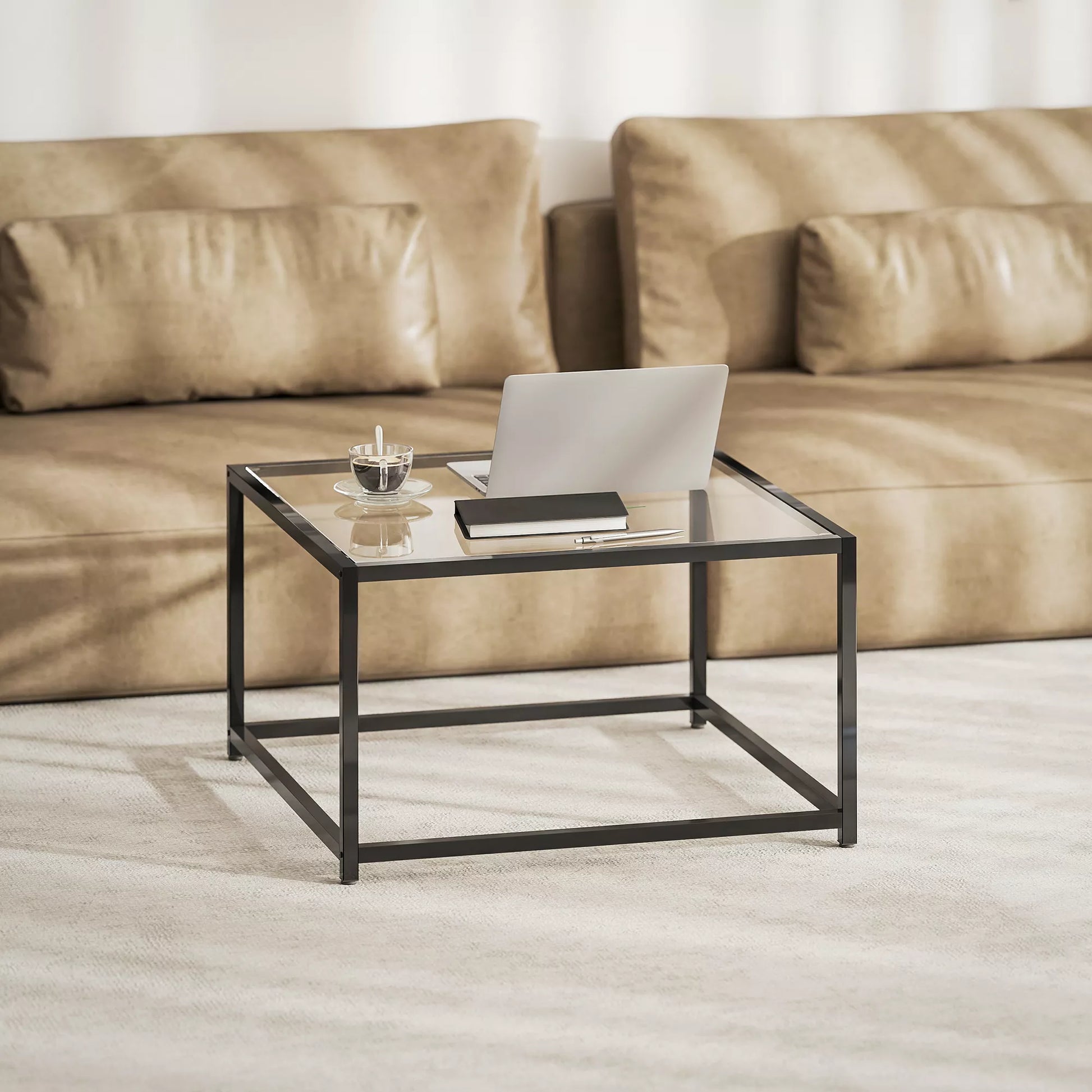 Staliukas Kvadratinis naktinis staliukas su kietu stiklo stalviršiu, kavos staliukas su plieninėmis kojomis 68 x 68 x 39 cm Juodas