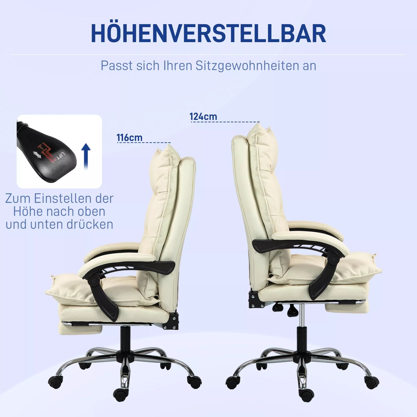 Biuro kėdė, reguliuojamas sėdynės aukštis, atrama kojoms, dirbtinė oda, iki 135 kg, metalinis pagrindas, 66x72x116-124cm, smėlio spalvos