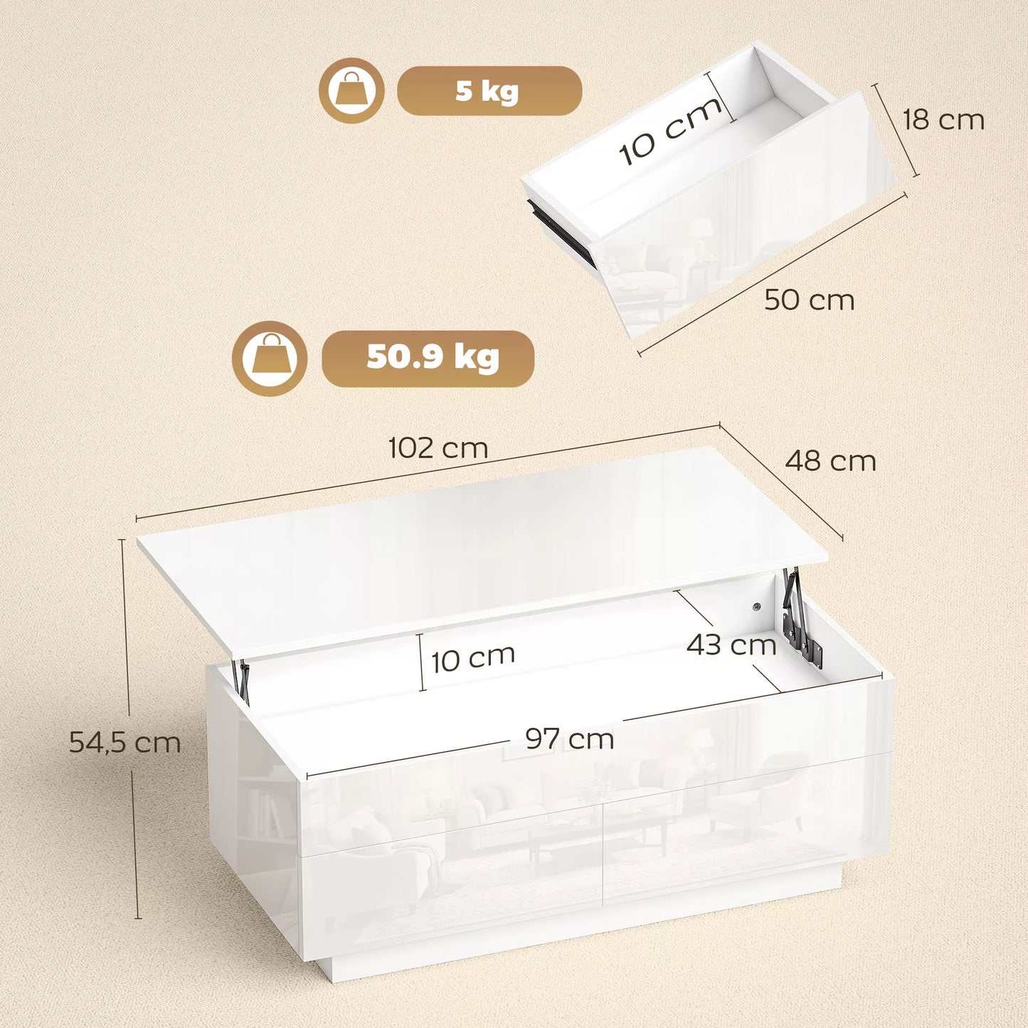 Kavos staliukas reguliuojamas, modernus svetainės baldas su paslėpta daiktų saugykla ir 2 stalčiais, mdf balta blizgi plokštė, 100x50x45 cm