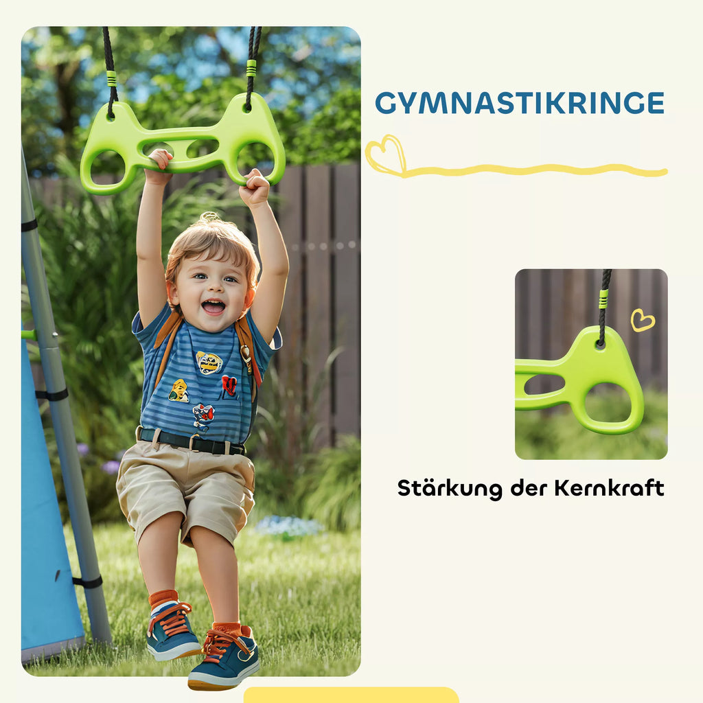 3-in-1 supynės rinkinys, žaidimų palapinė, supynės, gimnastikos žiedai, metalas, plastikas, žalia spalva