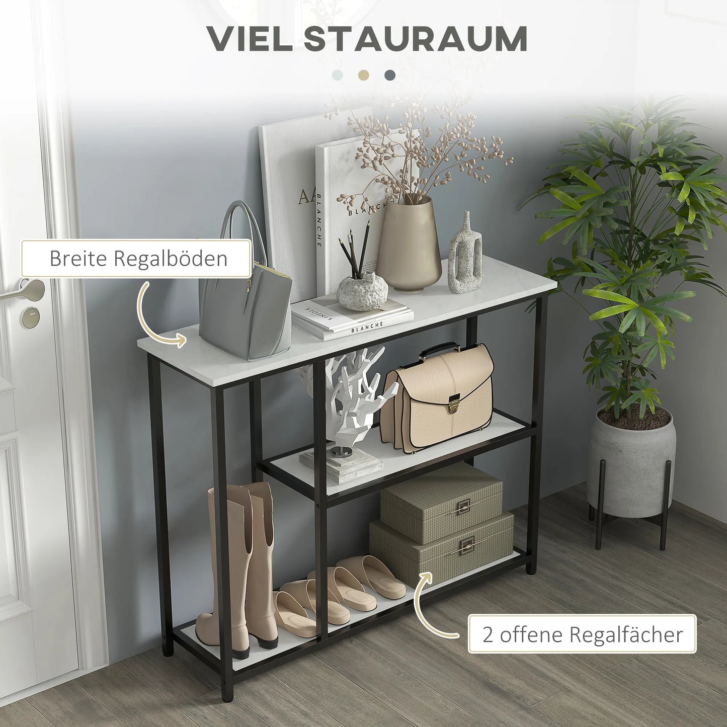 Pramoninio dizaino konsolė, 2 lentynos, marmuro imitacija, juoda + balta