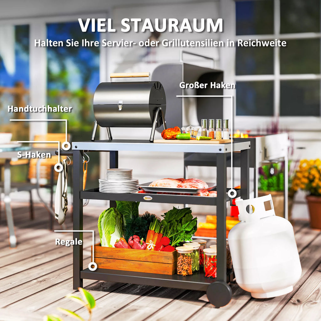 Grillwagen 3-Etagen Servierwagen mit Arbeitsfläche Ablagen Haken Räder, Edelstahl 102x50x81cm Kohlegrau