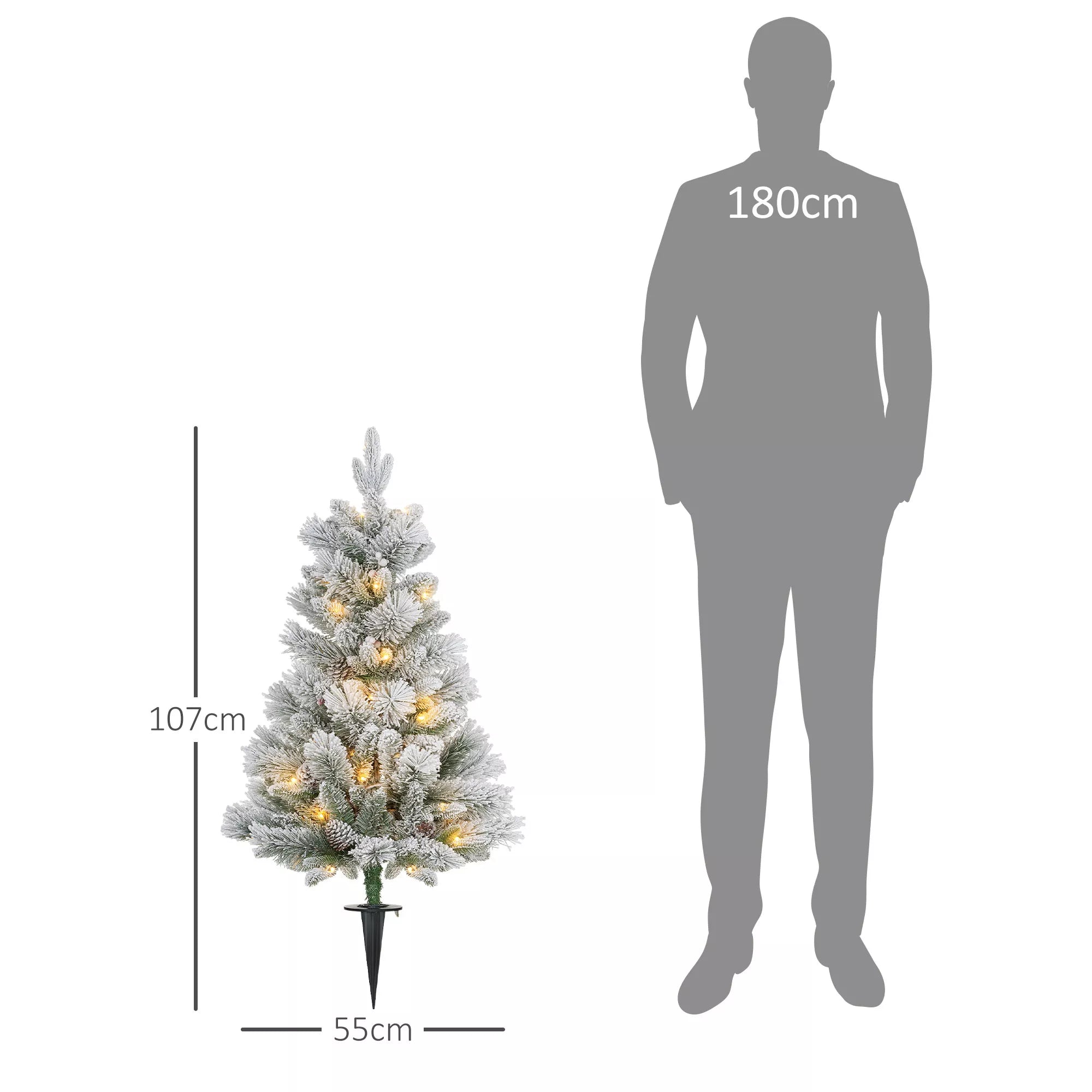 Kalėdinė eglutė su LED apšvietimu, 2 vnt. rinkinys, 107 cm, su kankorėliais, raudonomis uogomis, antipireninė, žalia/balta