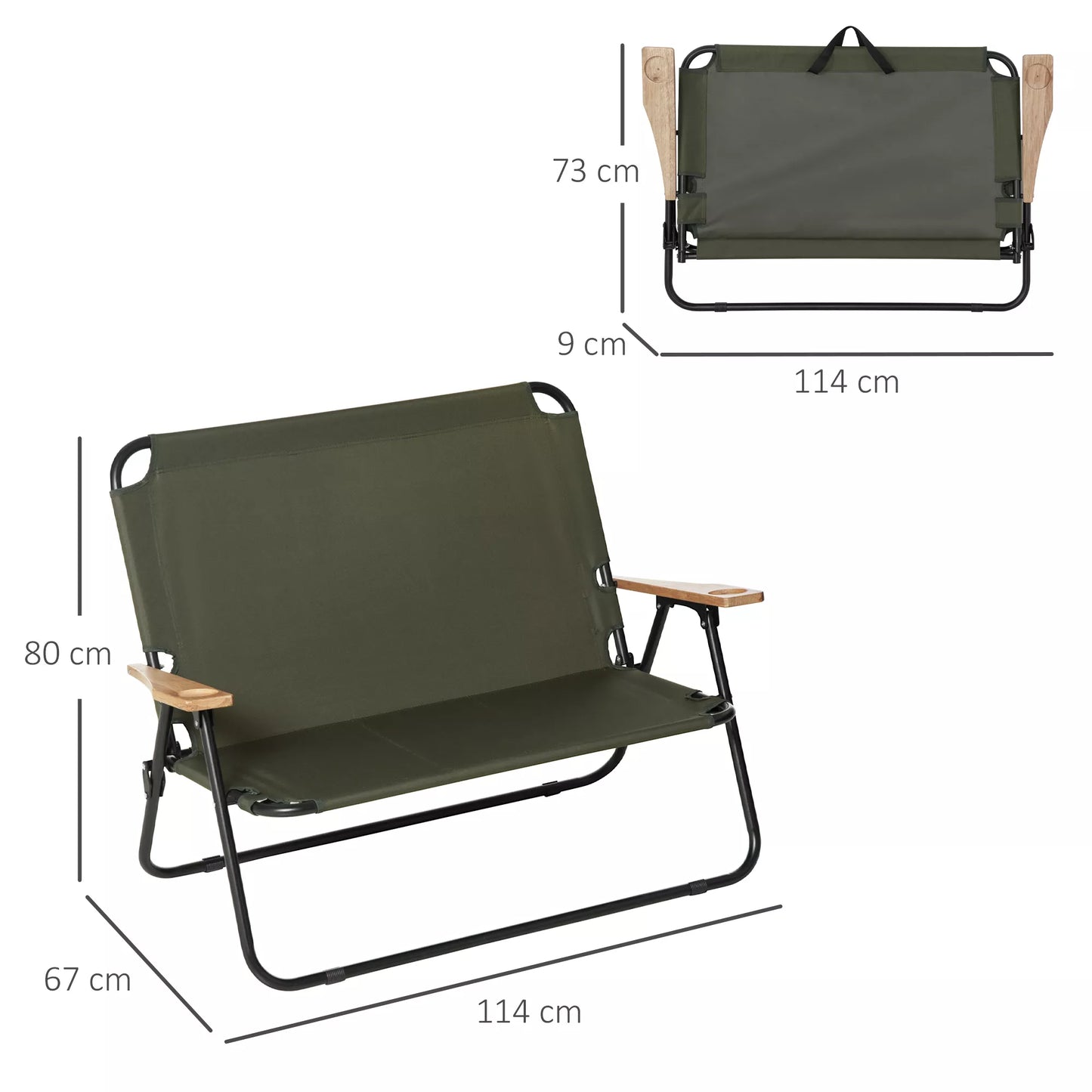 Sulankstoma 2 vietų kėdė su porankiais ir puodelių laikikliu, skirta lauko pramogoms, stovyklavimui, žvejybai ir sodui. Tvirtas sulankstomas lauko krėslas, atlaikantis iki 160 kg svorio.