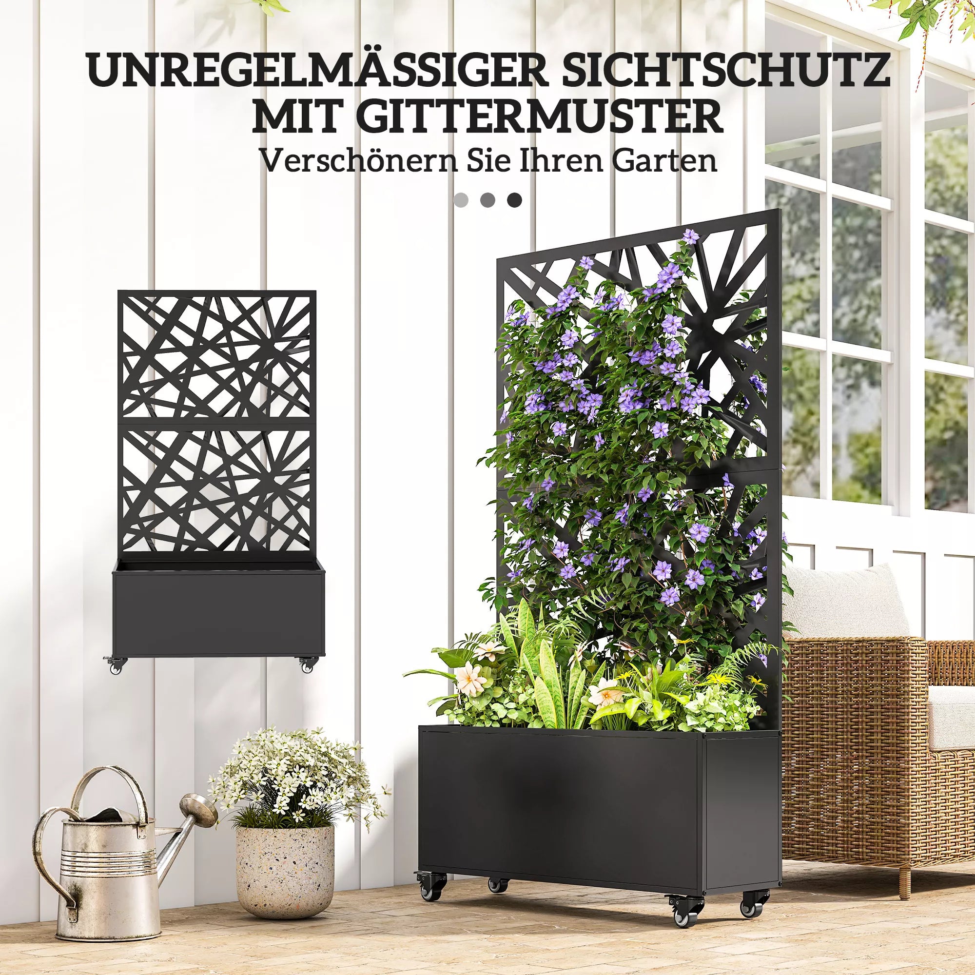 Gėlių dėžė su apsauga nuo žvilgsnių Augalų dėžė su ritininiu grotelėmis 90 x 30 x 160 cm Metalo Juoda