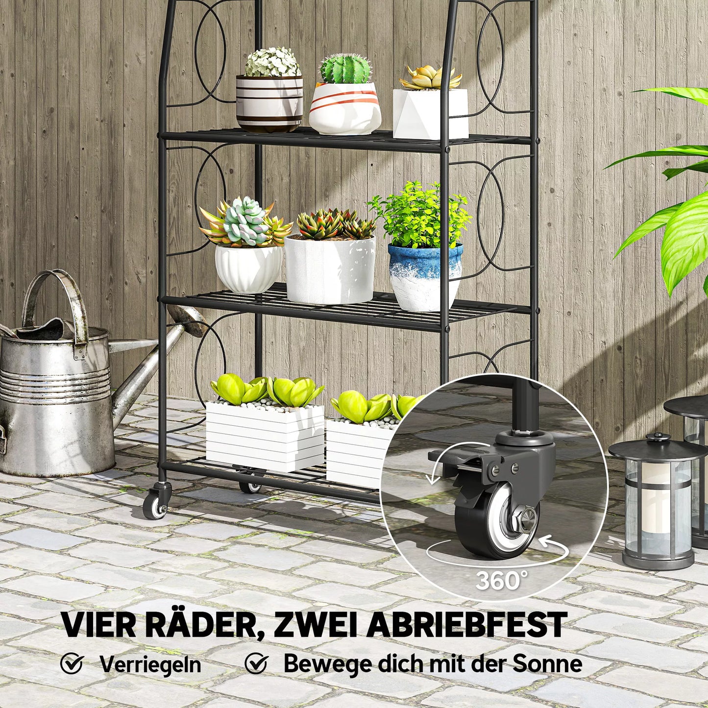 Metalinis 4 lygių augalų stovas, tvirtas kopėčių tipo stovas gėlių vazonams su fiksuojamais ratais