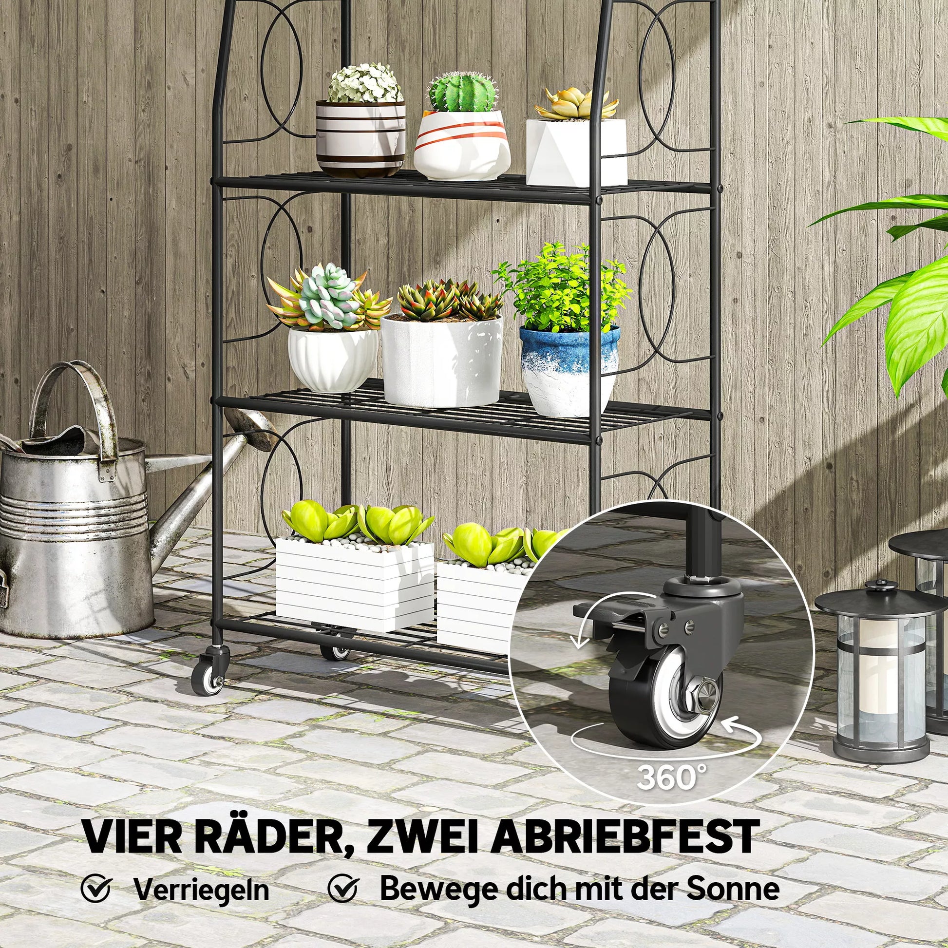 Metalinis 4 lygių augalų stovas, tvirtas kopėčių tipo stovas gėlių vazonams su fiksuojamais ratais