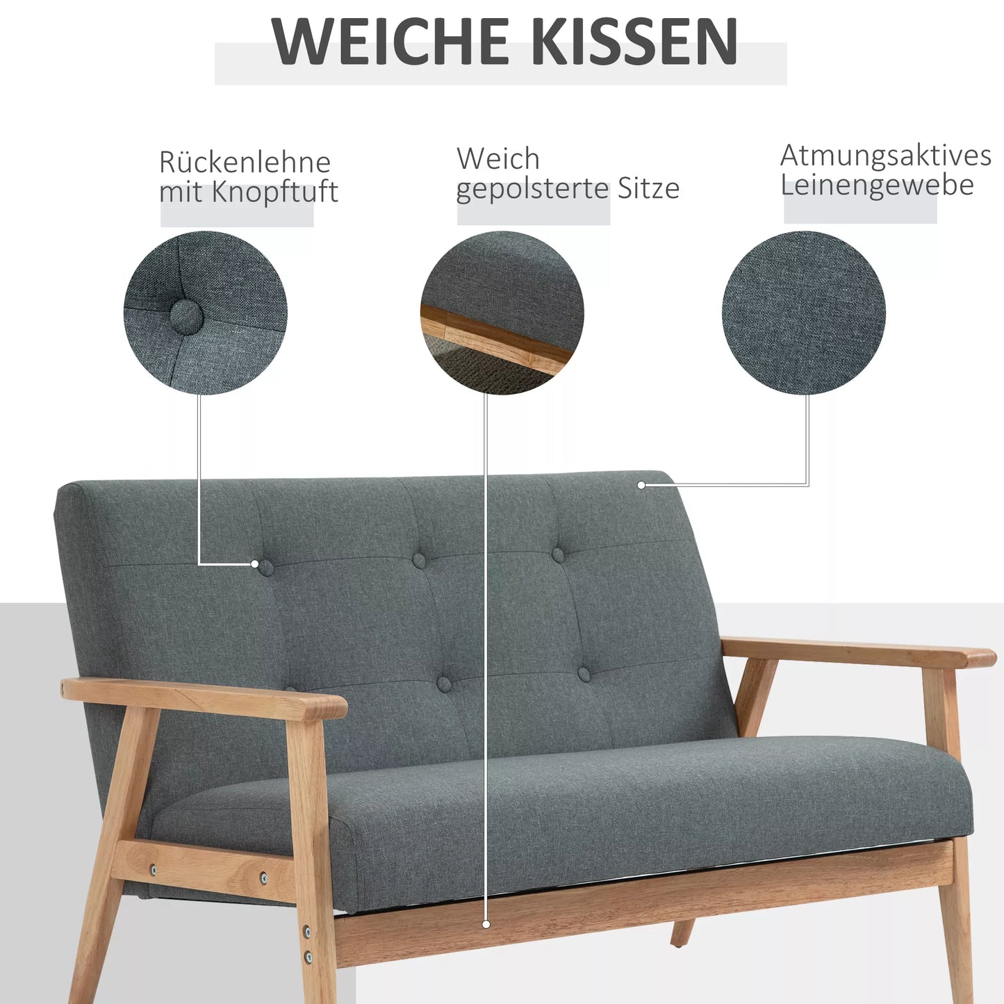 2 vietų sofa, 115 cm ilgio sofa su porankiais, atlošu, Maža minkšta sofa su linine išvaizda, medinės kojos, Minkšta svetainės, miegamojo poilsio sofa, Tamsiai pilka