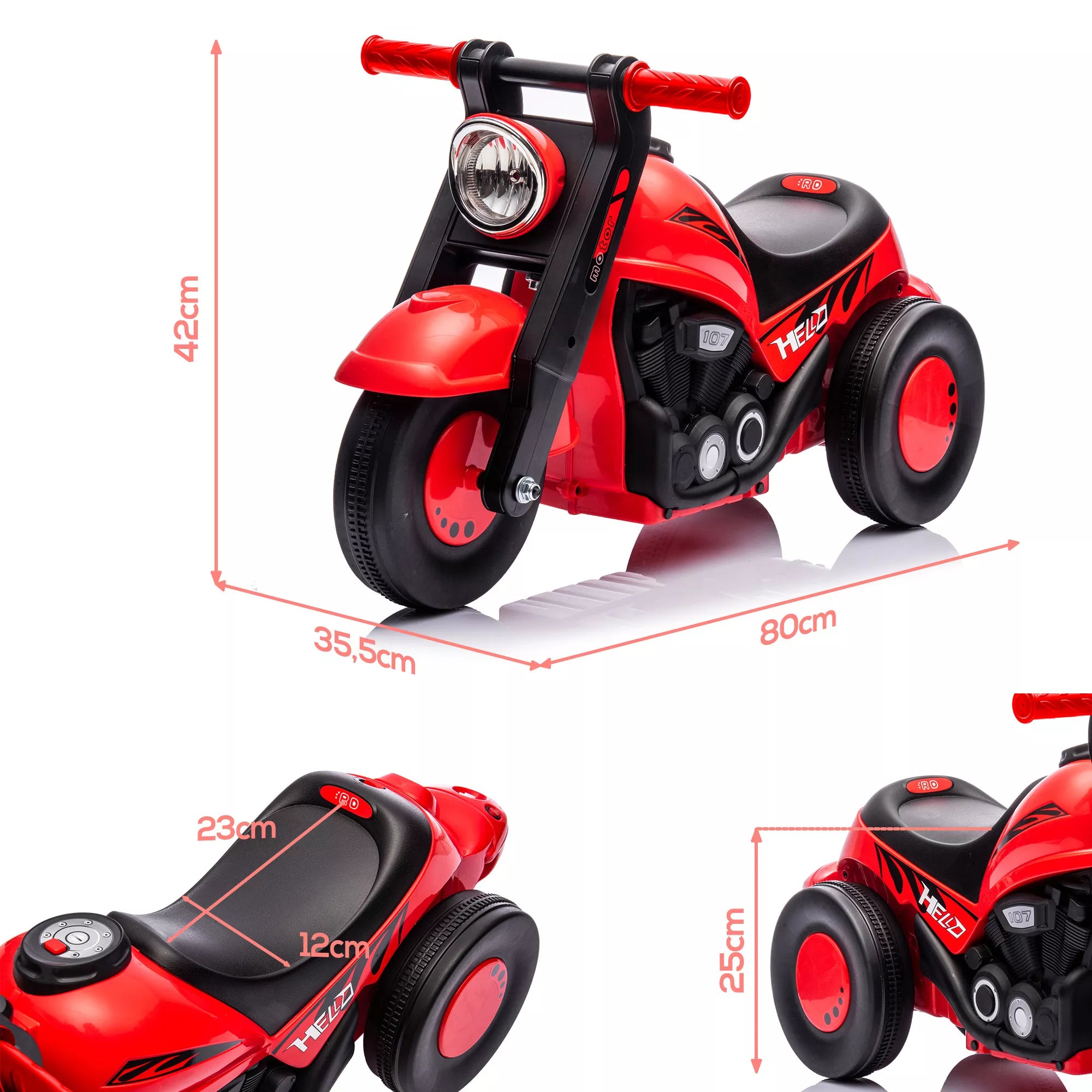 Infografika su raudono vaikiško triratyi motociklo matmenimis iš šono ir viršaus
