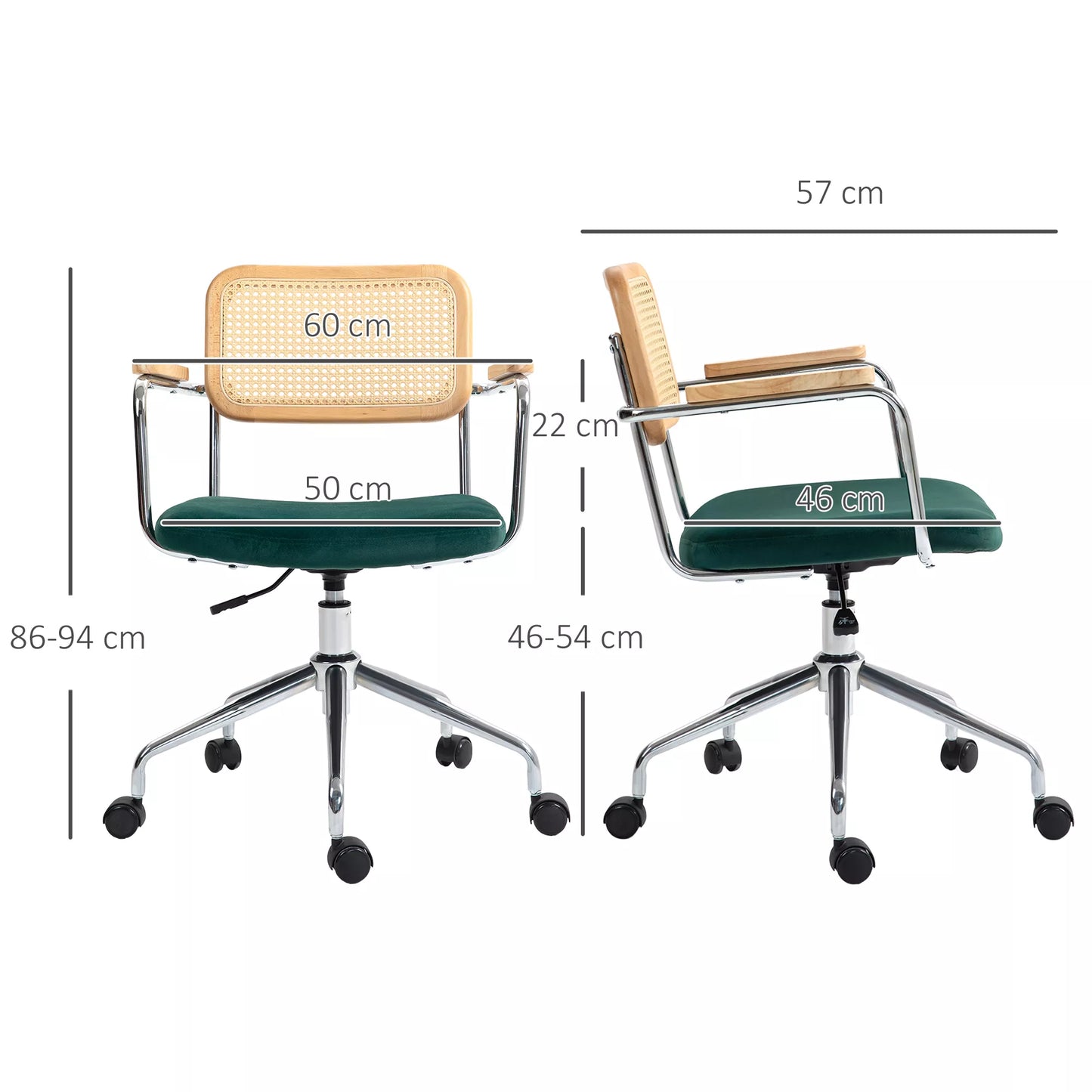 Biuro kėdė, Boho dizainas, mediniai porankiai, sukama, reguliuojama, iki 120 kg, plienas, žalia