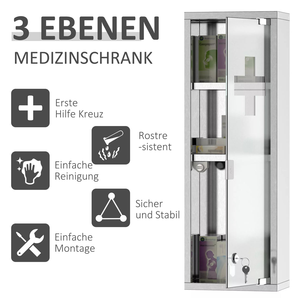 Medicinos spintelė iš nerūdijančio plieno ir grūdinto stiklo durelės Vaistų spintelė vaistams laikyti, užrakinama Vaistų spintelė su 3 skyreliais, pirmosios pagalbos spintelė, 20 x 12 x 58 cm, sidabrinė