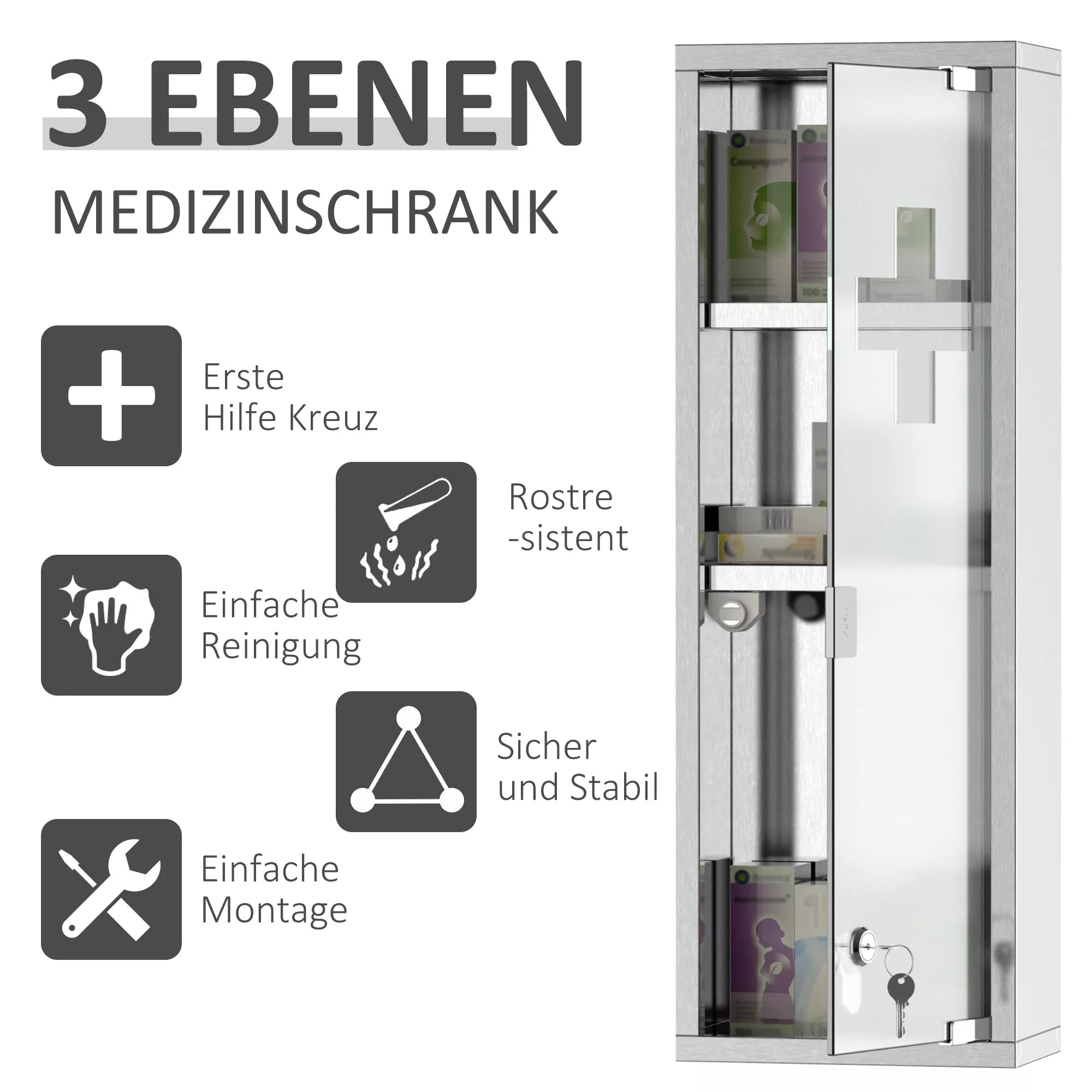 Medicinos spintelė iš nerūdijančio plieno ir grūdinto stiklo durelės Vaistų spintelė vaistams laikyti, užrakinama Vaistų spintelė su 3 skyreliais, pirmosios pagalbos spintelė, 20 x 12 x 58 cm, sidabrinė