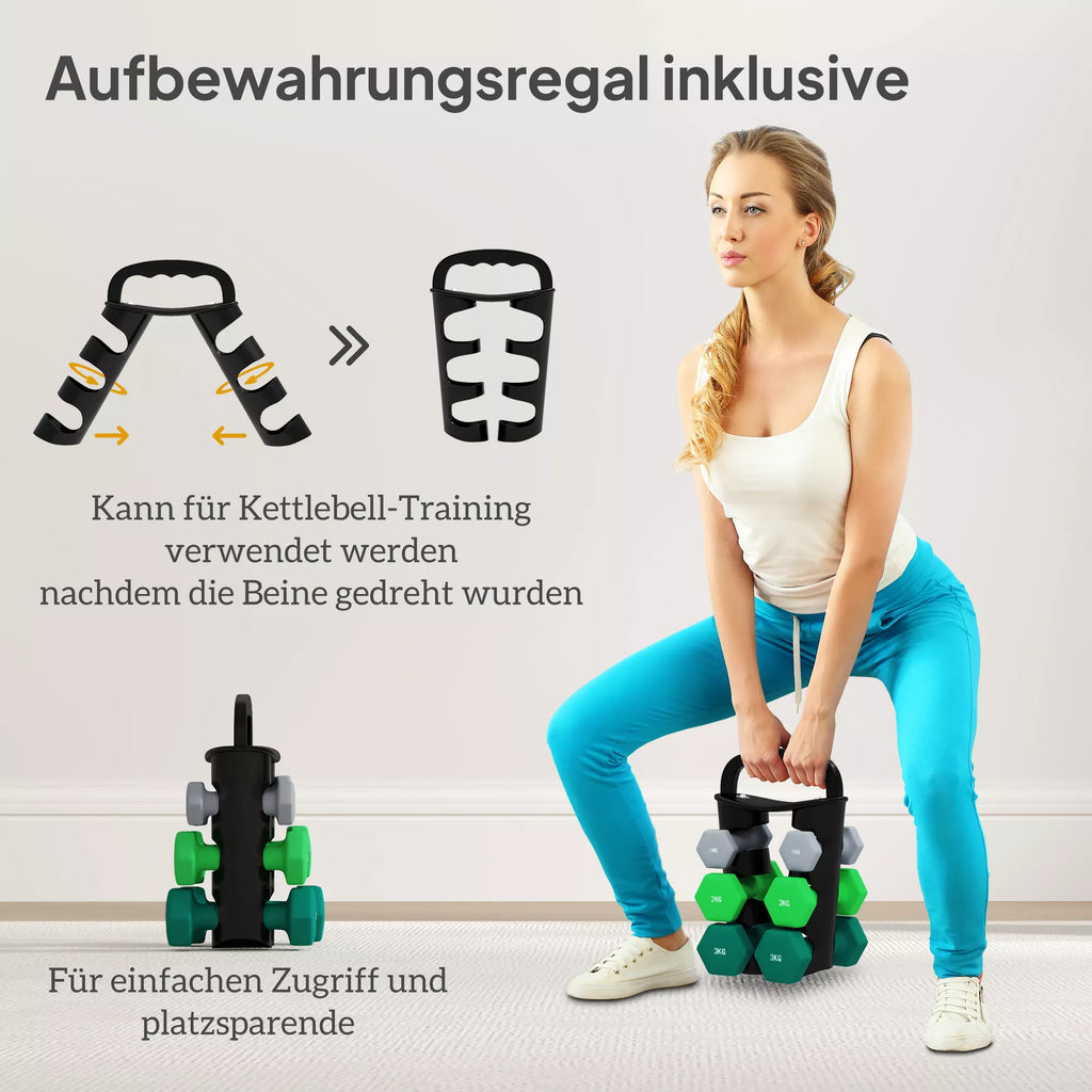 Hantelų rinkinys su laikymo stovu, rinkinys su 6 hanteliais treniruotėms, 2 x 1 kg, 2 x 2 kg, 2 x 3 kg