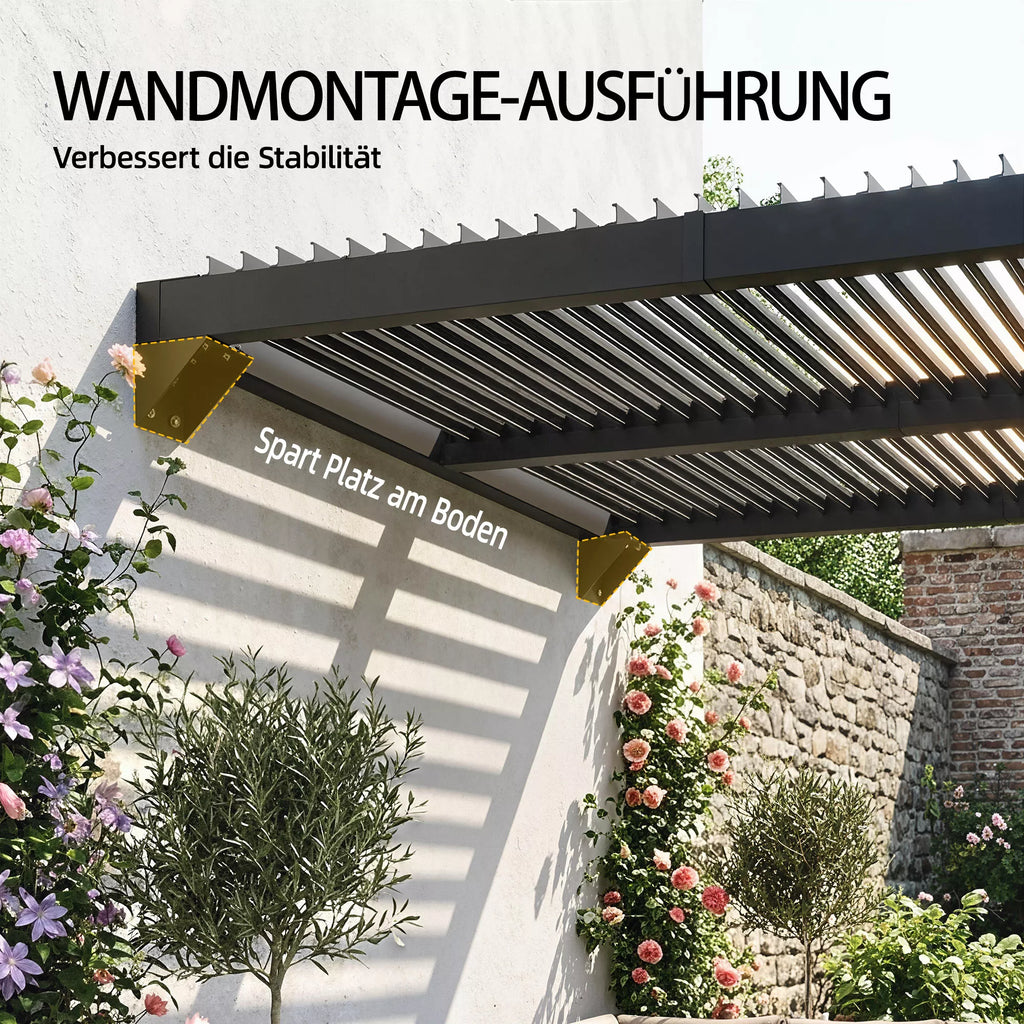 Pergola, apie 3x3 m, aliuminio terasos stogas su reguliuojamu lamelių stogu, montuojamas prie sienos, tamsiai pilkos spalvos