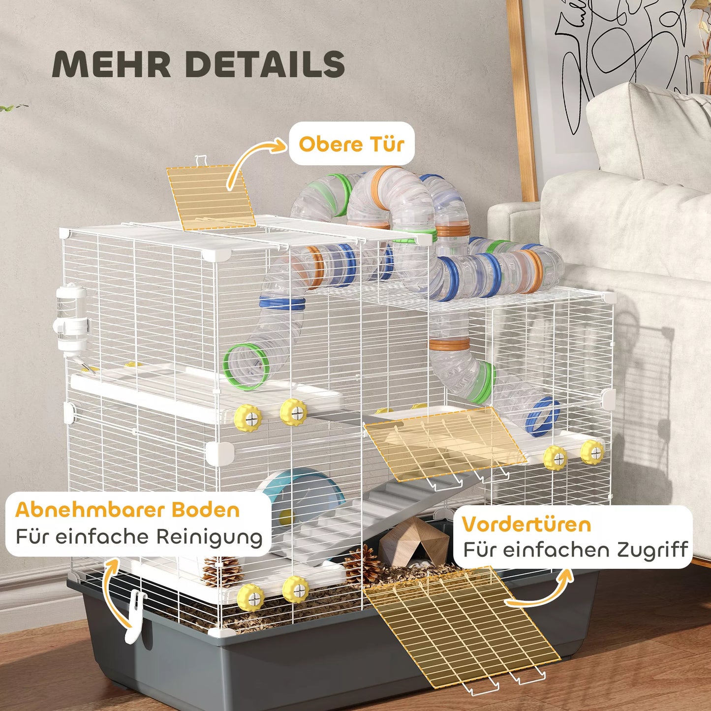 Nykštukinių žiurkėnų narvas, 4 lygiai, tunelių sistema, būdelė, aksesuarai, viršutinis atidarymas, 78 x 45 x 73 cm, Pilkas