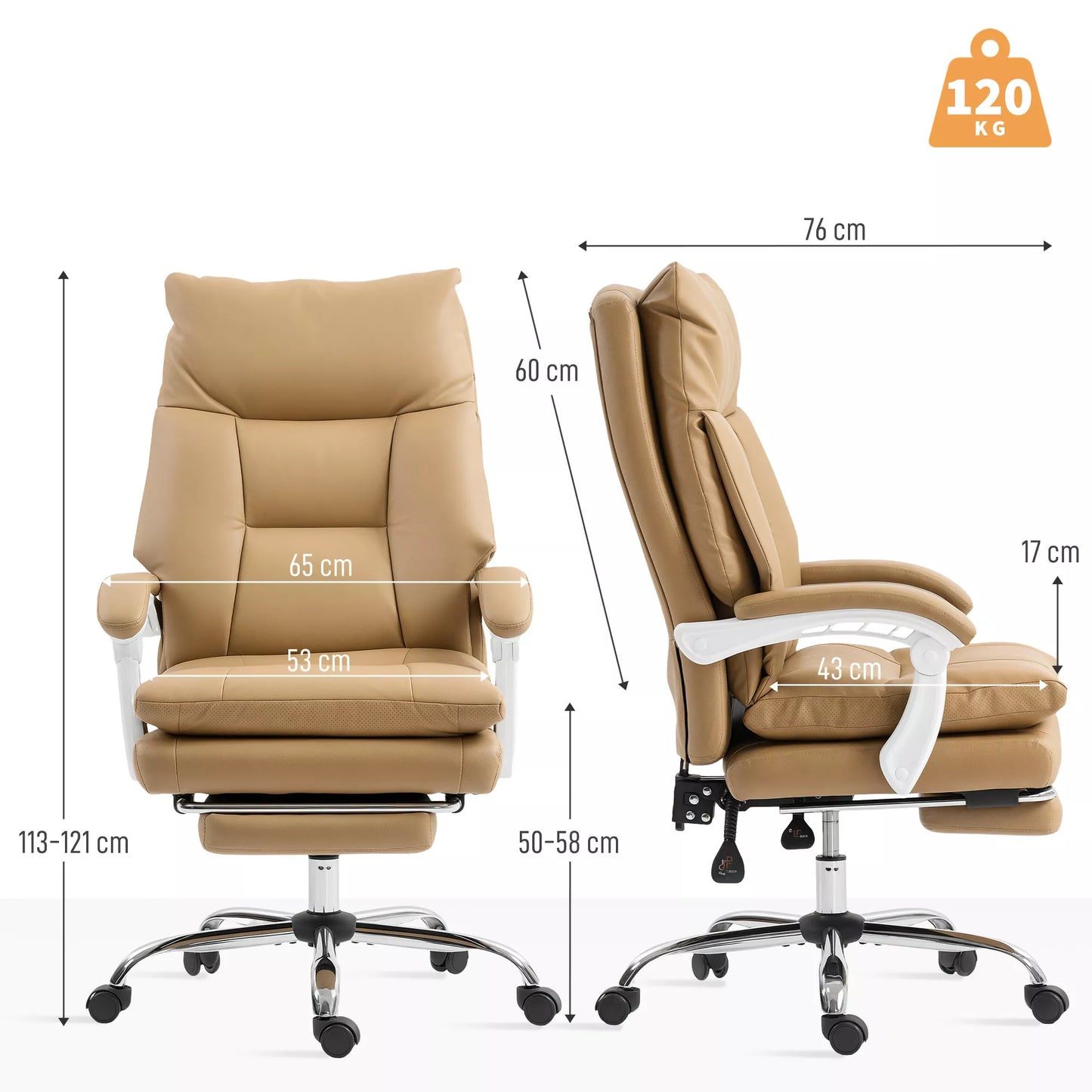 Ergonomiška biuro kėdė su juosmens atrama, sulankstomomis atlenkiamomis atramomis, kojų atrama, šviesiai rudos spalvos