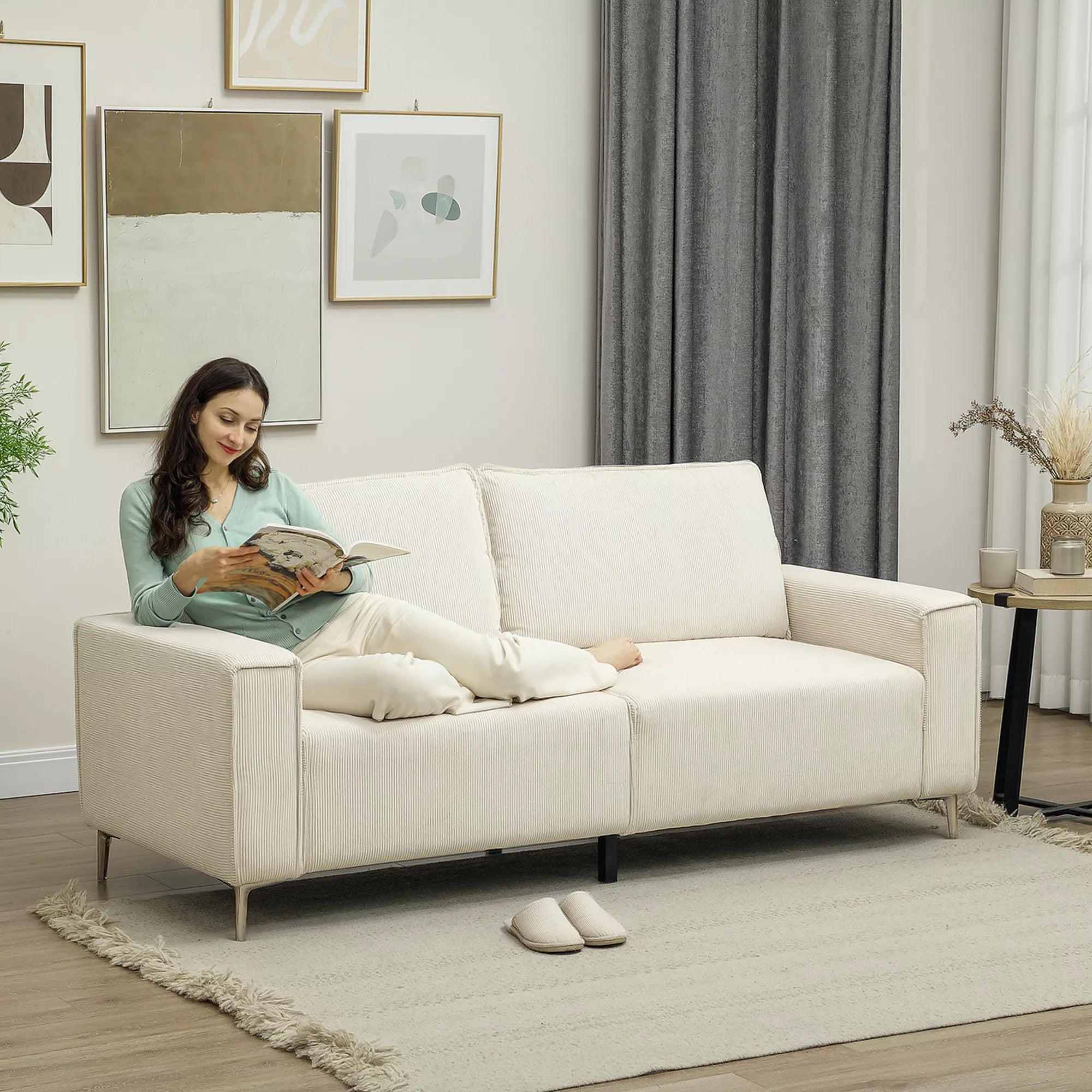 Modernus 3-vietis sofos, minkšta sofa su atlošimo pagalvėlėmis, minkšta sofa, skirta svetainei, miegamajam, namų biurui, kreminės baltos spalvos.