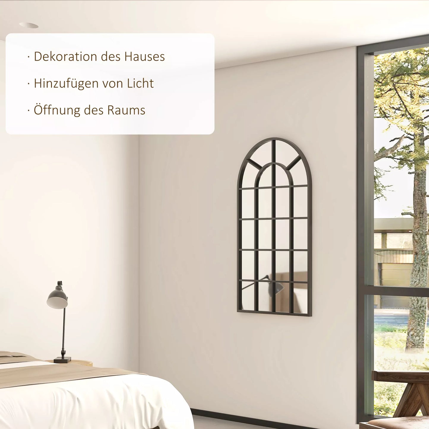 Dekoratyvinis veidrodis didelis, langų dizaino, arkos formos, su pakabinimo sistema. Juodas + veidrodinis stiklas