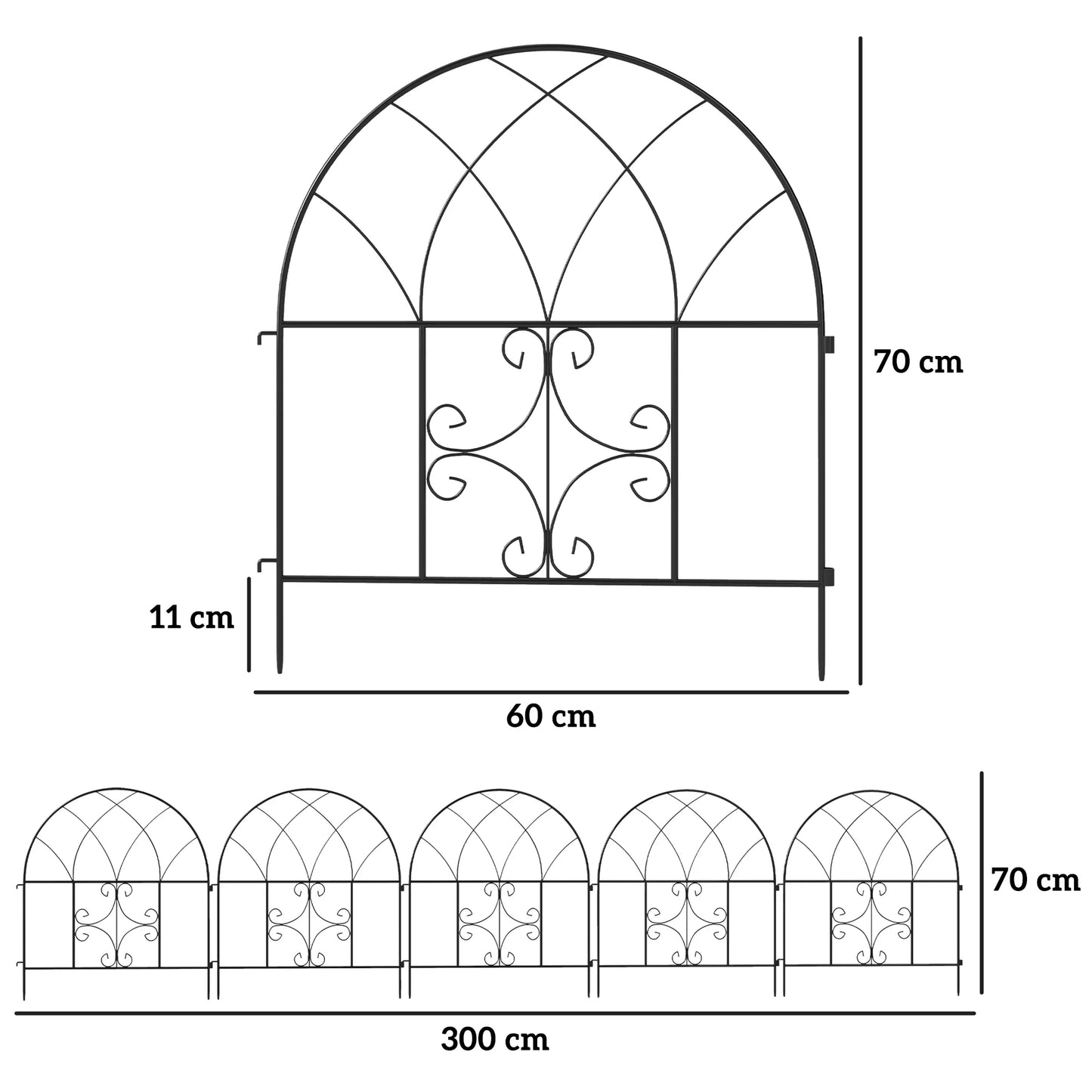 Juoda dekoratyvinė plieninė tvora, 300 cm x 70 cm, tvorių elementų rinkinys