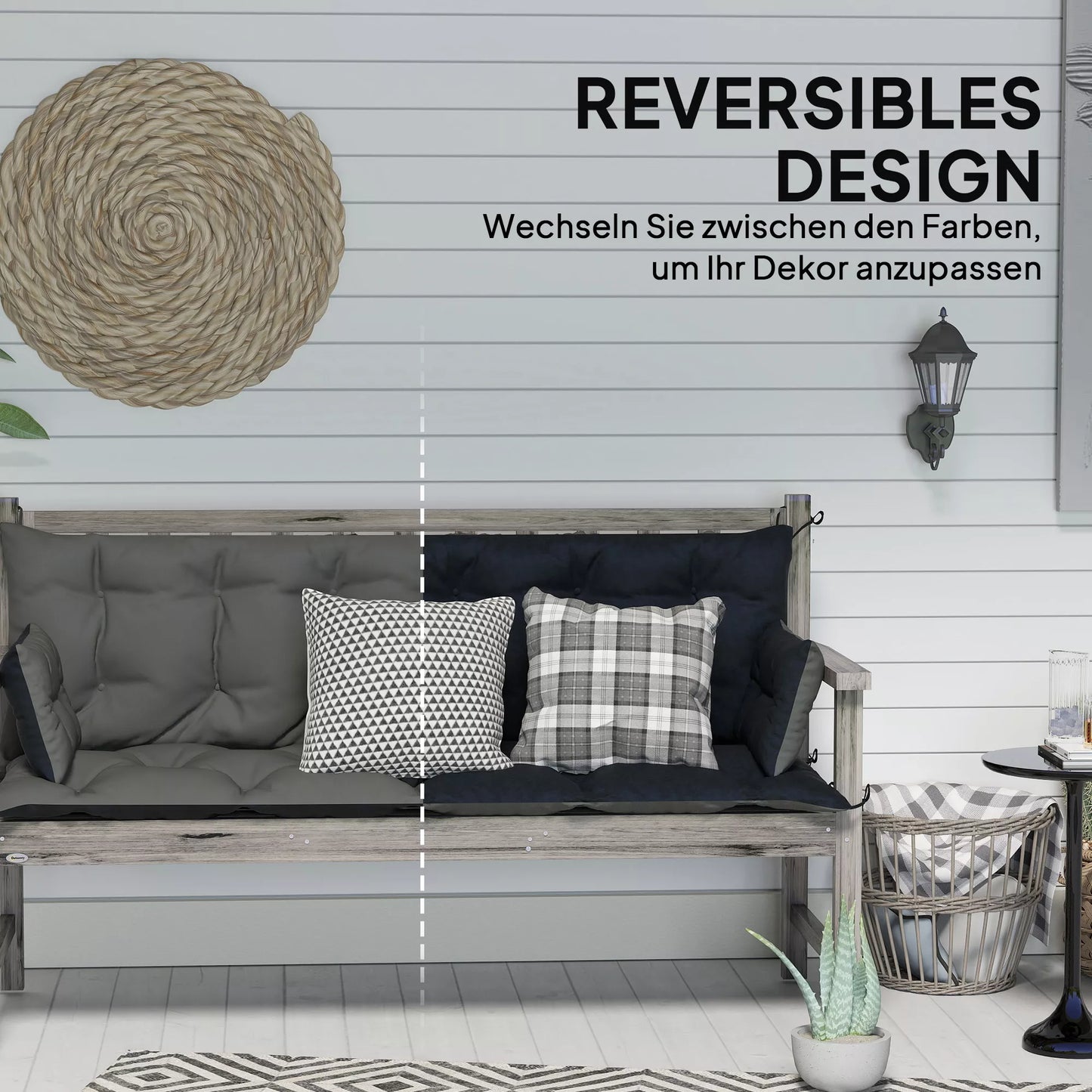 Lauko pagalvių komplektas suoliukui arba sodo supynėms, dviejų spalvų, poliesteris, putplastis, 180 x 110 x 8 cm, tamsiai pilka