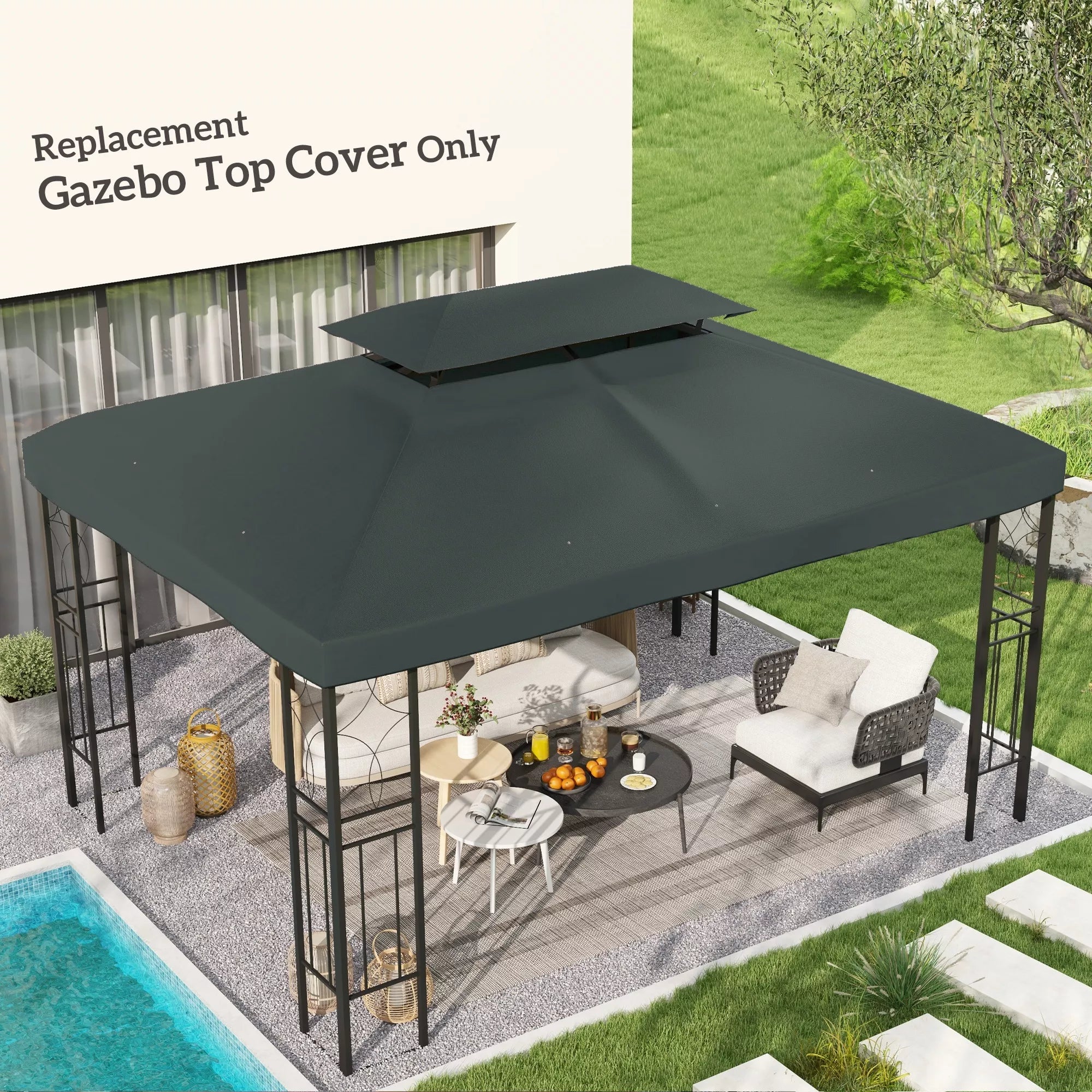 Atsarginis stogas metaliniam paviljonui 3x4 m, atsparus vandeniui Paviljono stogas su dvigubu stogu, atsarginis dangtis sodo paviljonui, šventėms skirtam palapinei, sodo palapinei, poliesterio, anglies pilkos spalvos