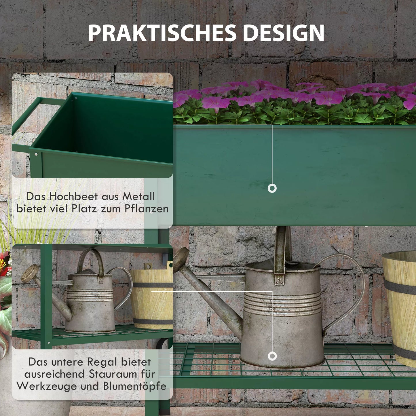 Outsunny Pakeltas vazonas augalams, 1 lentyna, 2 ratukai, 109 cm x 44 cm x 80 cm, Žalias