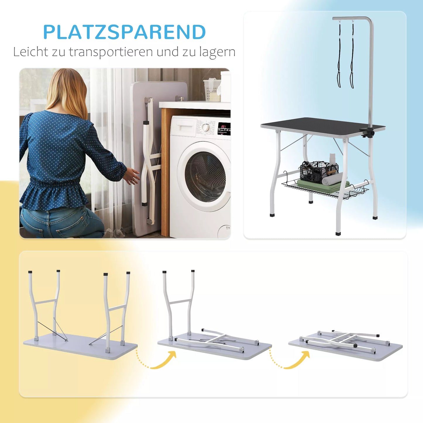 Šunų priežiūros stalas, kirpimo stalas su reguliuojamu laikikliu, laikymo skyrius, gumine danga, 90 x 60 x 76 cm, Juodas