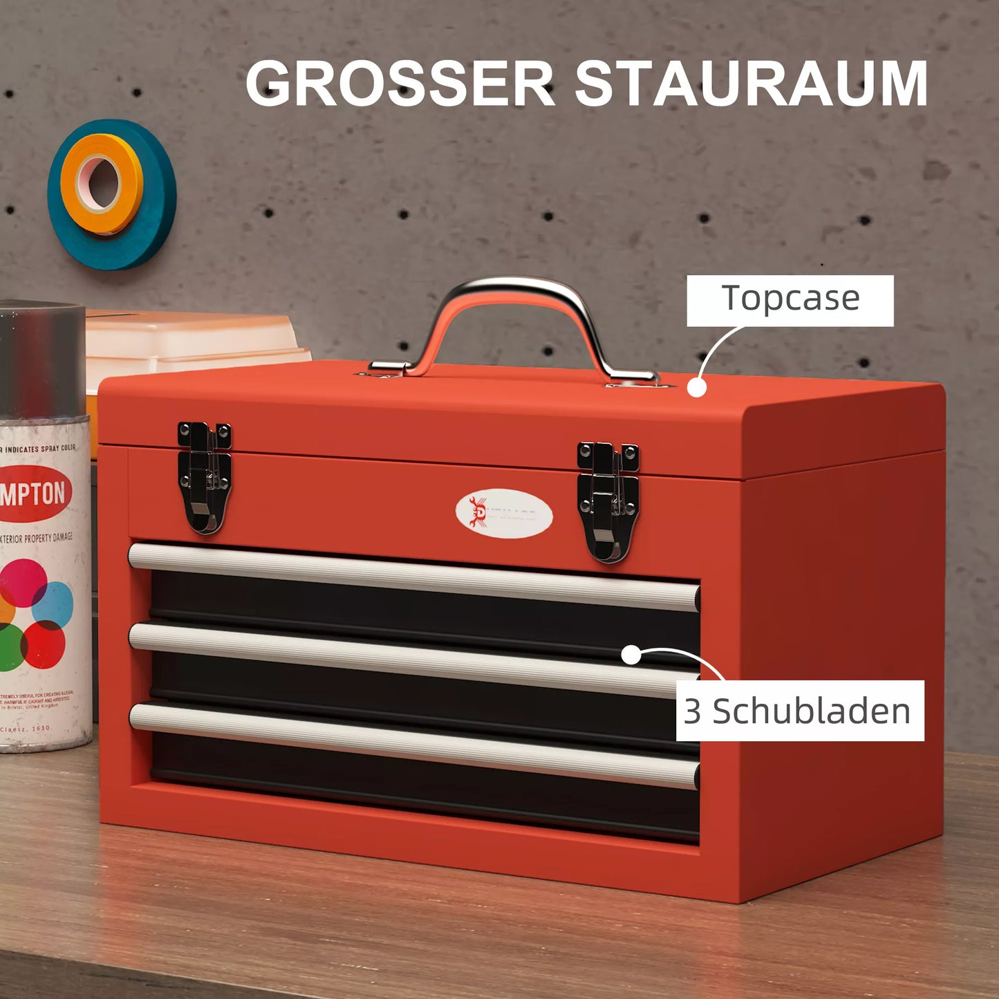 DURHAND įrankių dėžė su 3 stalčiais, 1 skyriumi, tvirtu plieniniu užsegimu, 45 x 24 x 27 cm, raudona