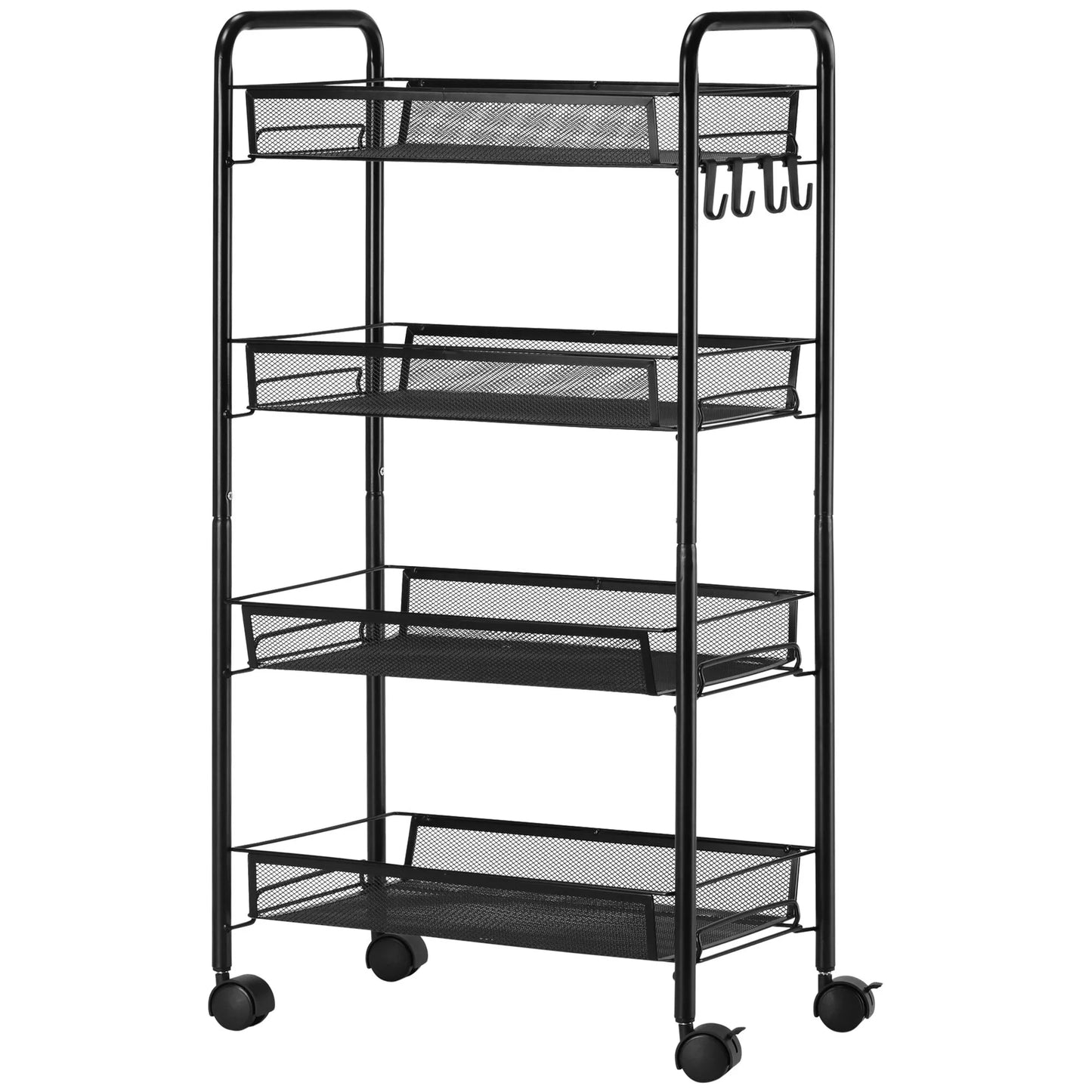 Vežimėlis su 4 pakabinamais krepšeliais, ratukinis serviravimo vežimėlis, mobilus, su nuimamais kabliukais, plienas, 45 x 26,5 x 84 cm, juodas