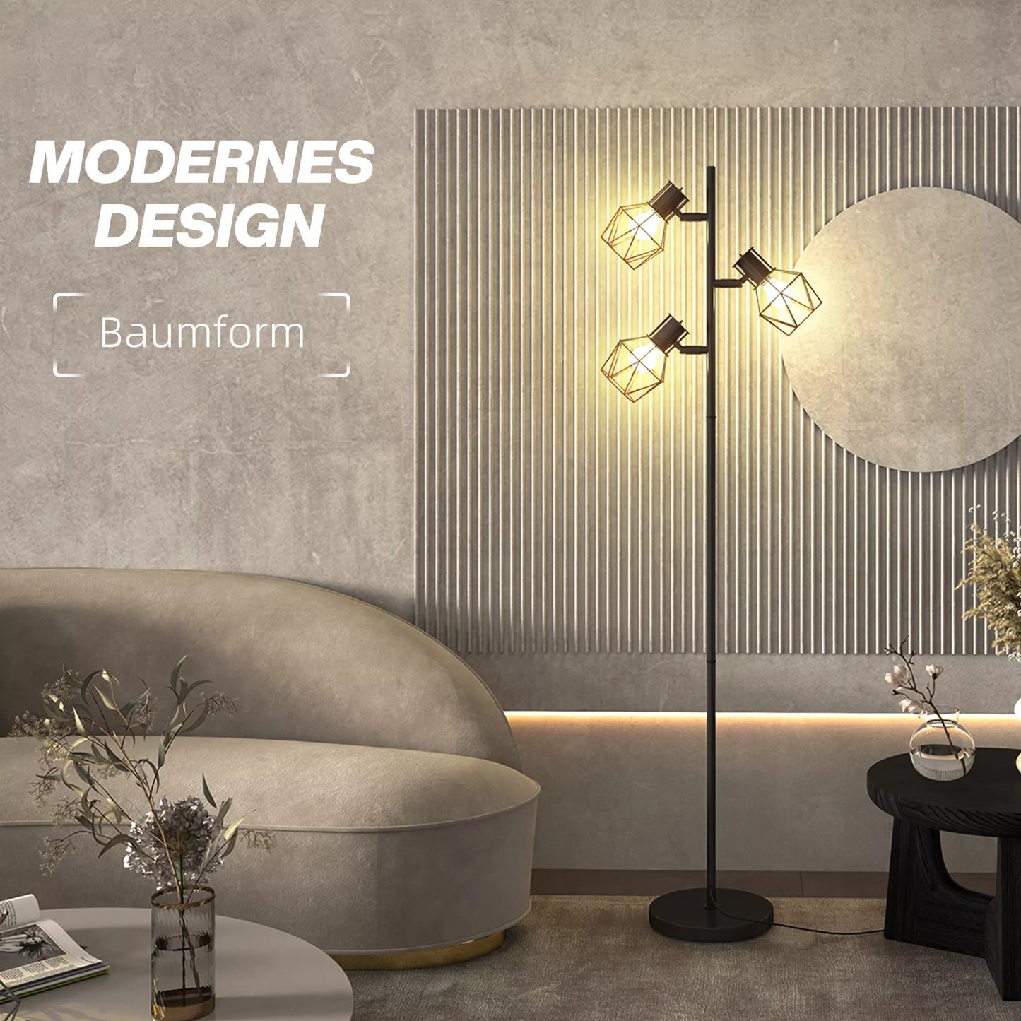 3 šviesų pastatomas toršeras su lanksčiais šviesos elementais, medžio formos, tinkamas svetainei ir miegamajam, metalas, juodos spalvos