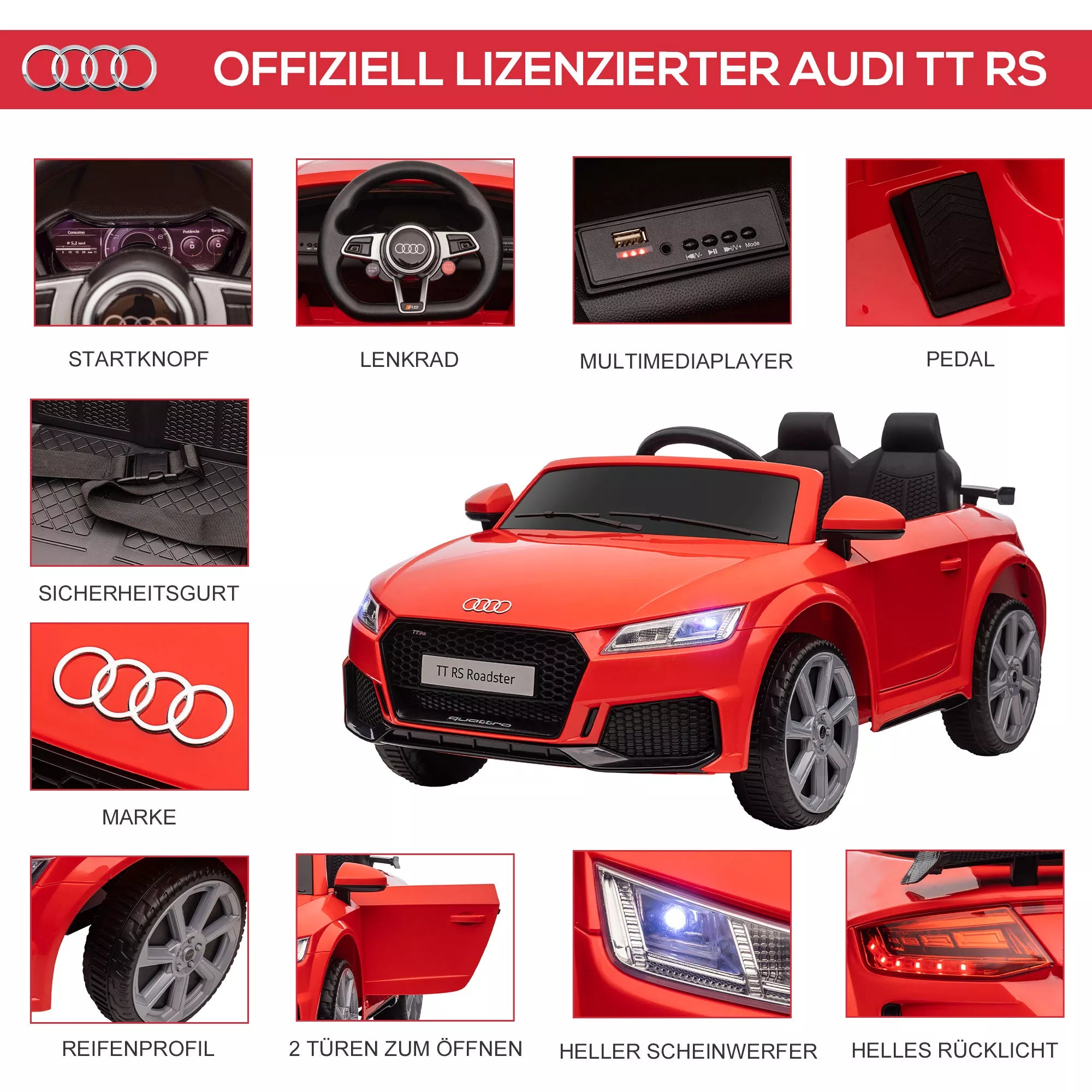 „Audi“ vaikų elektrinis automobilis 12 V su 2,4 G nuotolinio valdymo pultu, muzika, signaline, elektrine transporto priemone su LED lempute, USB/MP3 jungtimi, atbulinės eigos funkcija, skirta 3–5 metų vaikams, raudonos spalvos