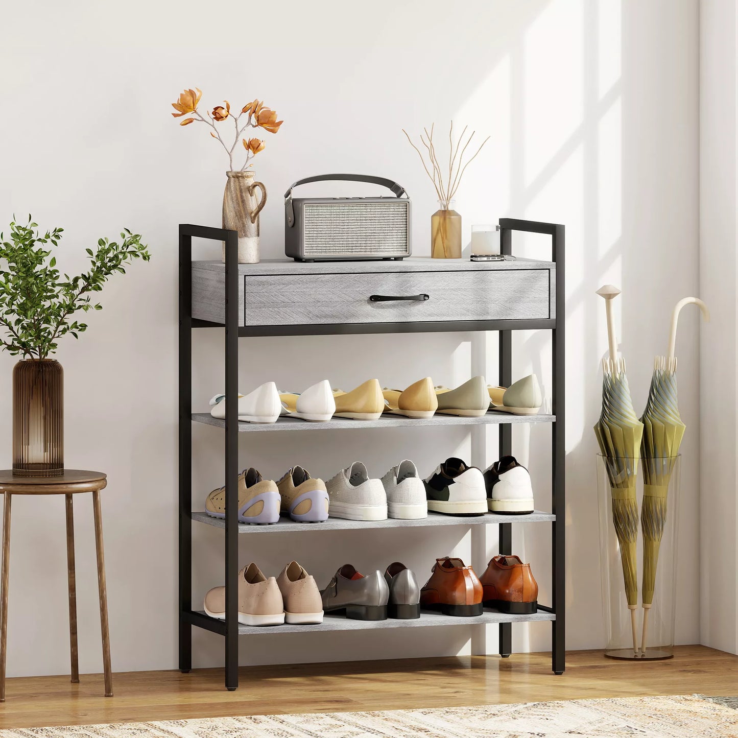 4 pakopų batų lentyna, prieškambario lentyna iki 9 porų batų, medžio drožlių plokštė, metalas, pilka
