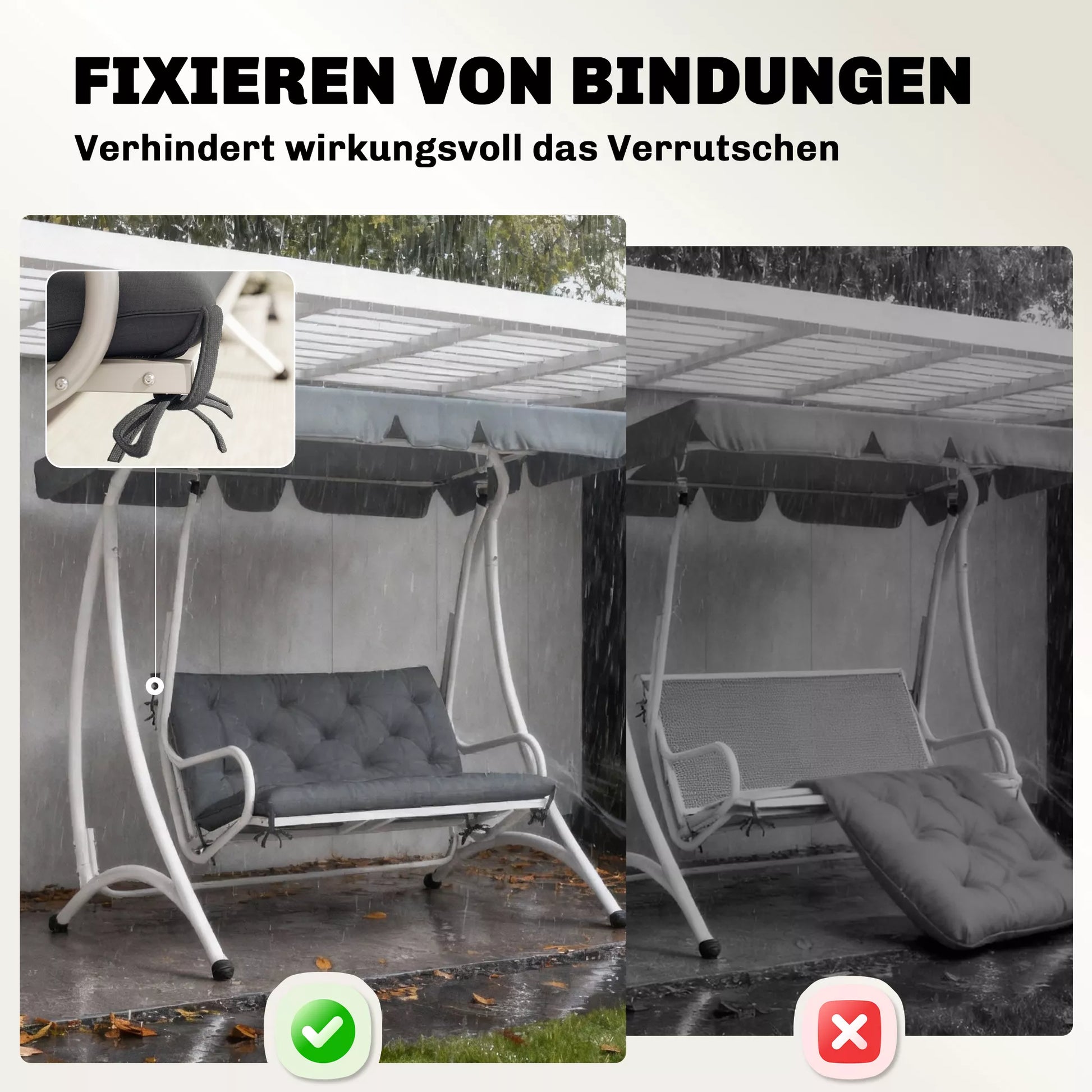 2 vietų suoliuko pagalvėlė 100 x 98 x 8 cm, sėdimoji pagalvėlė su raišteliais, nugaros pagalvėlė, skirta naudoti viduje/lauke, paminkštinta sodo suoliuko, sodo baldų, supamųjų kėdžių pagalvėlė, tamsiai pilka