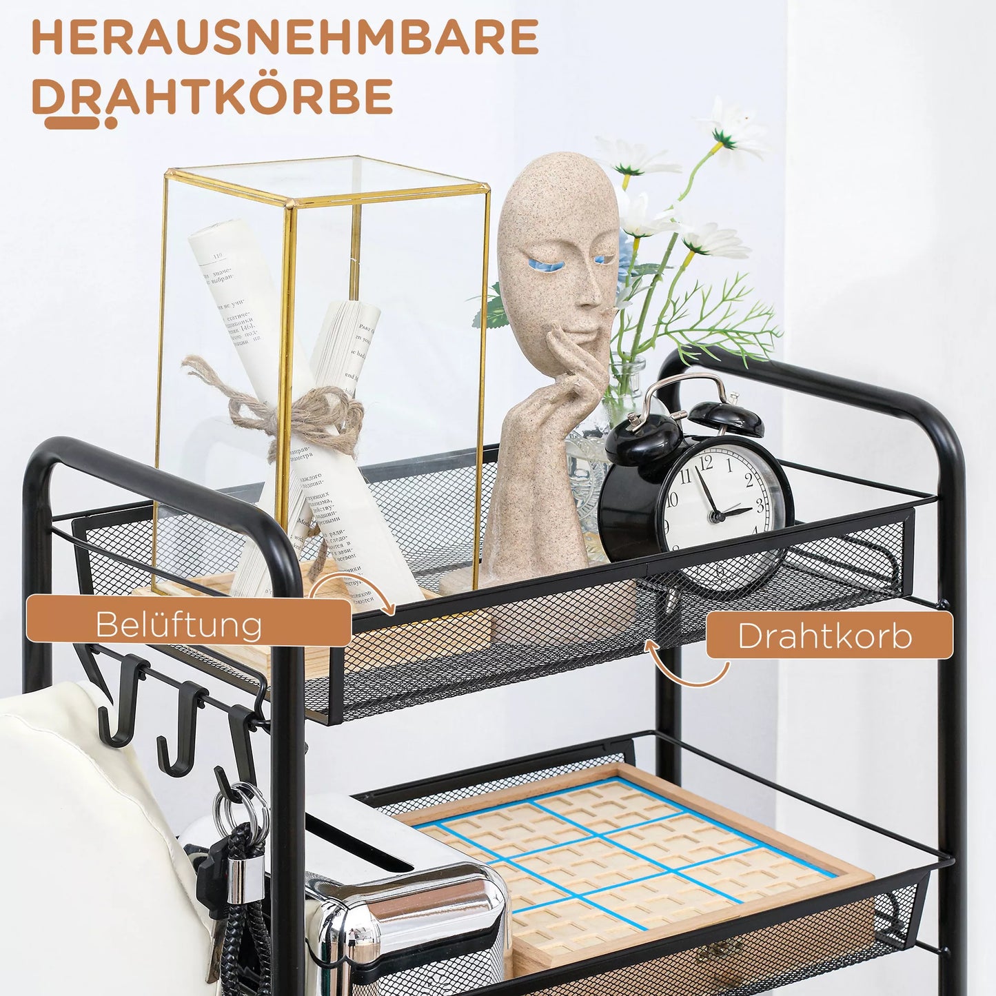 Virtuvės vežimėlis su 5 vieliniais krepšeliais, 4 kabliukais, 4 ratukais, 2 rankenomis, plieno/plastiko, 45x26,5x106 cm, baltas