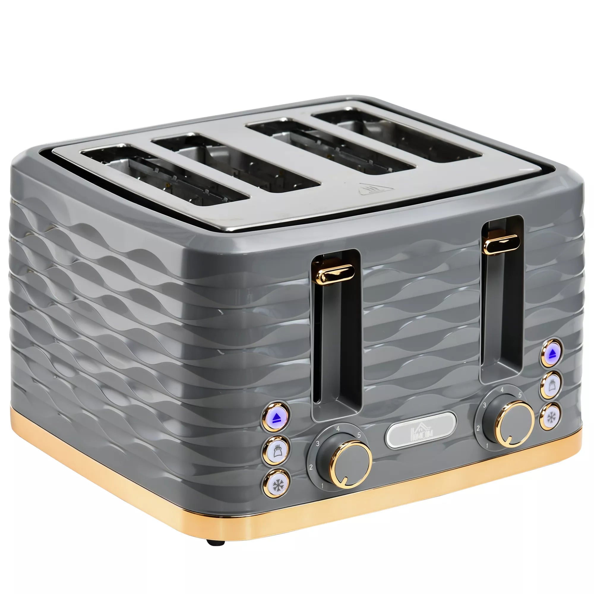 4 riekelių skrudintuvas su 7 rudos spalvos nustatymais, aukšto pakėlimo funkcija, pašildymo/atšildymo/atšaukimo funkcija, pilkos spalvos banguotas dizainas