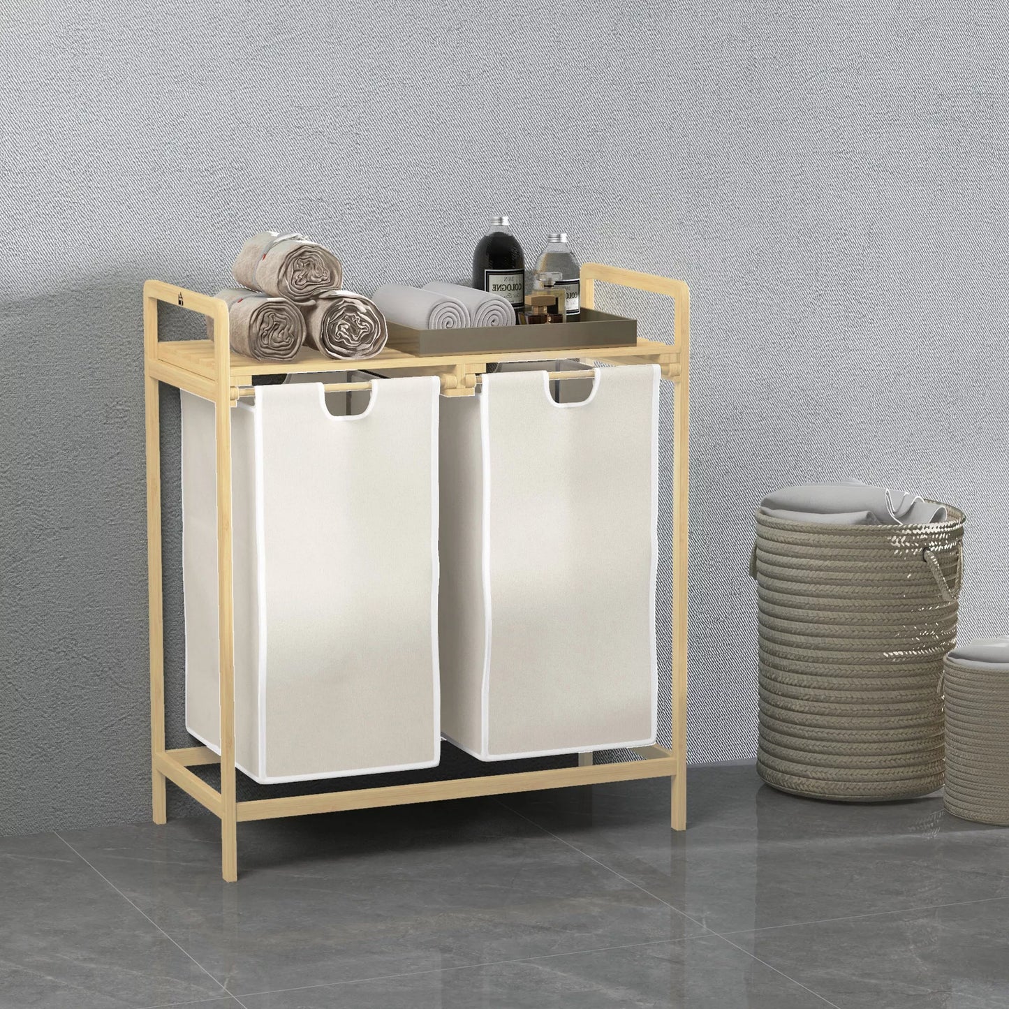 Skalbinių krepšys su 2 skalbinių maišais, 1 lentyna, bambukas, 63,5 cm x 33 cm x 73 cm, šviesiai pilka + natūrali